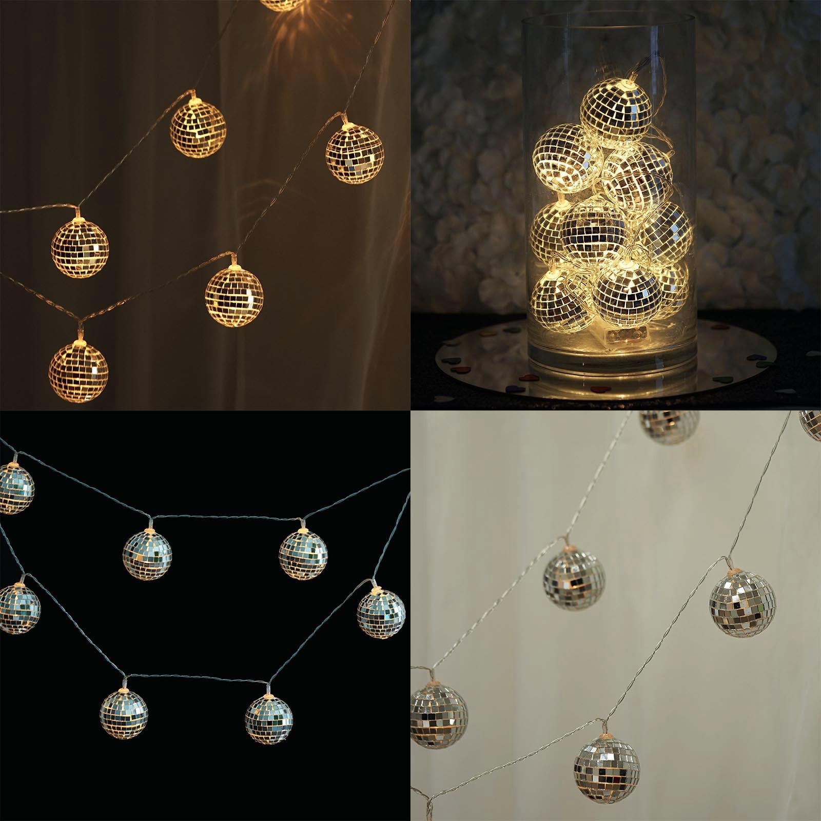6ft silver disco mirror ball LED string lights garland, warm white glow.