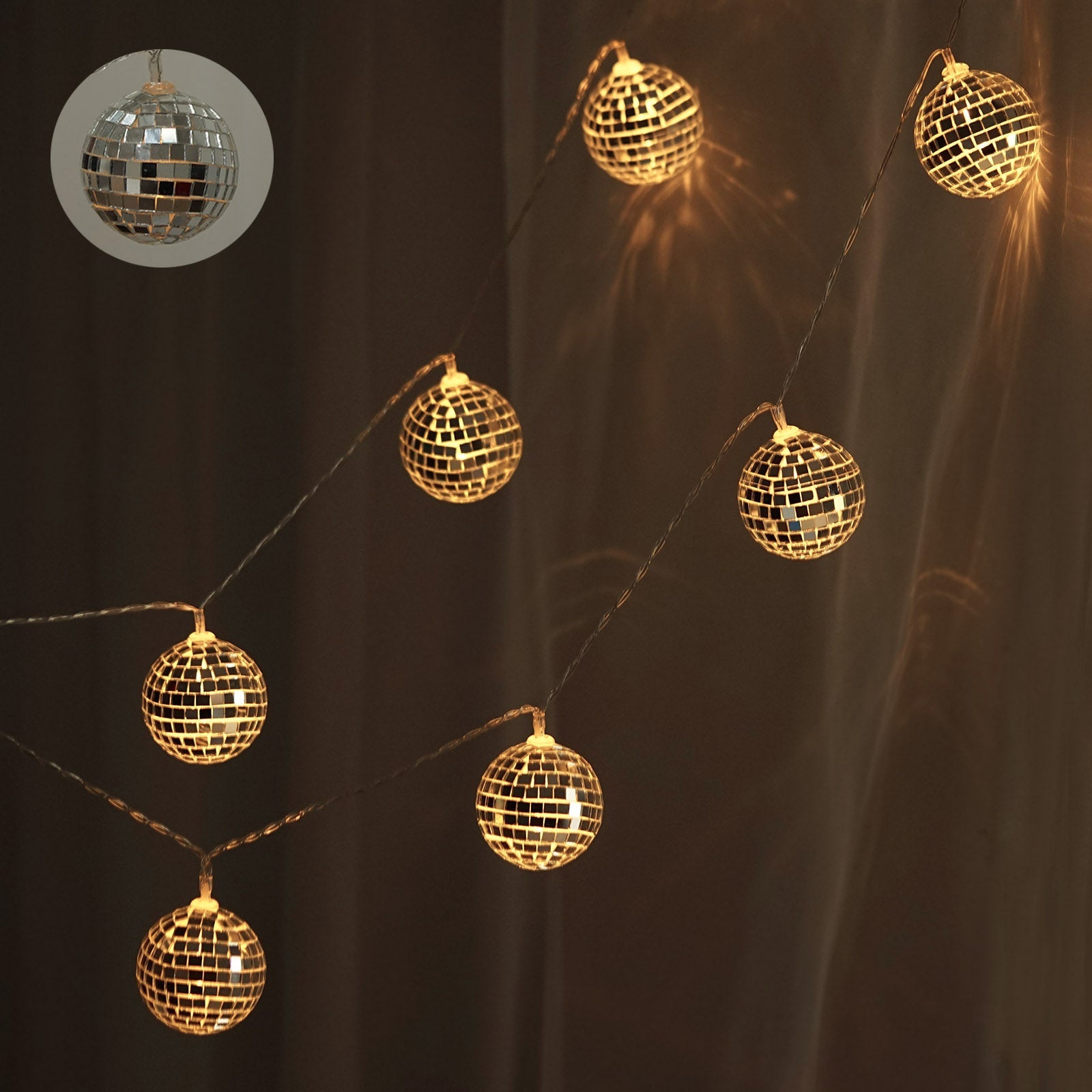 Warm white disco mirror ball string lights garland, 6ft long, battery operated. #whtbkgd