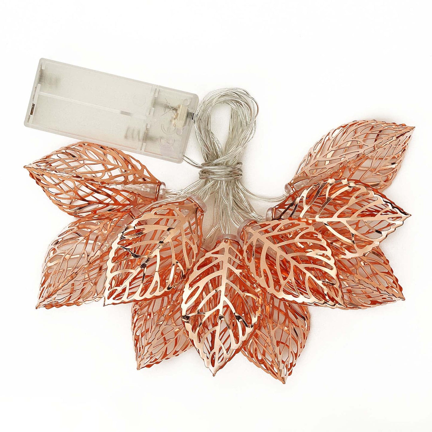 Rose gold leaves fairy string lights with 10 warm white LEDs.