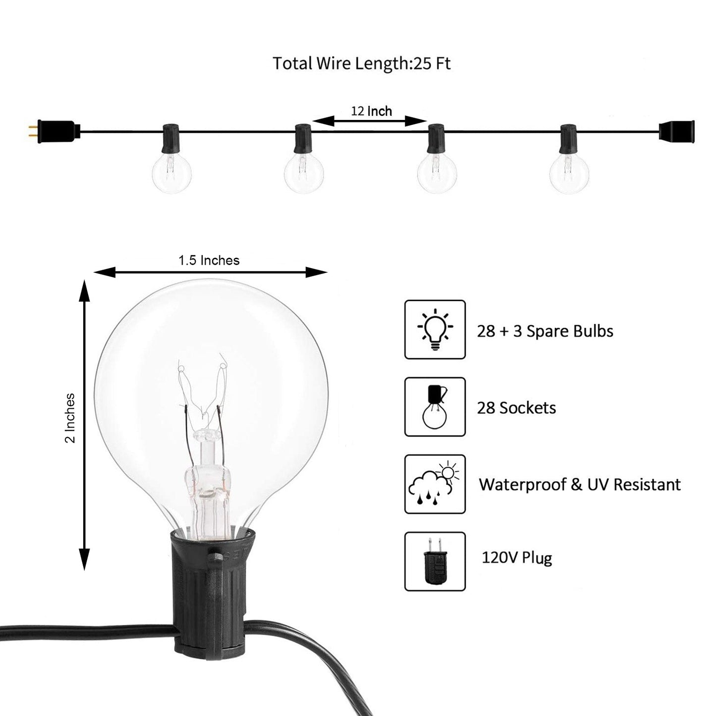 Warm white 25ft connectable string lights with glass bulbs, waterproof for indoor or outdoor use.