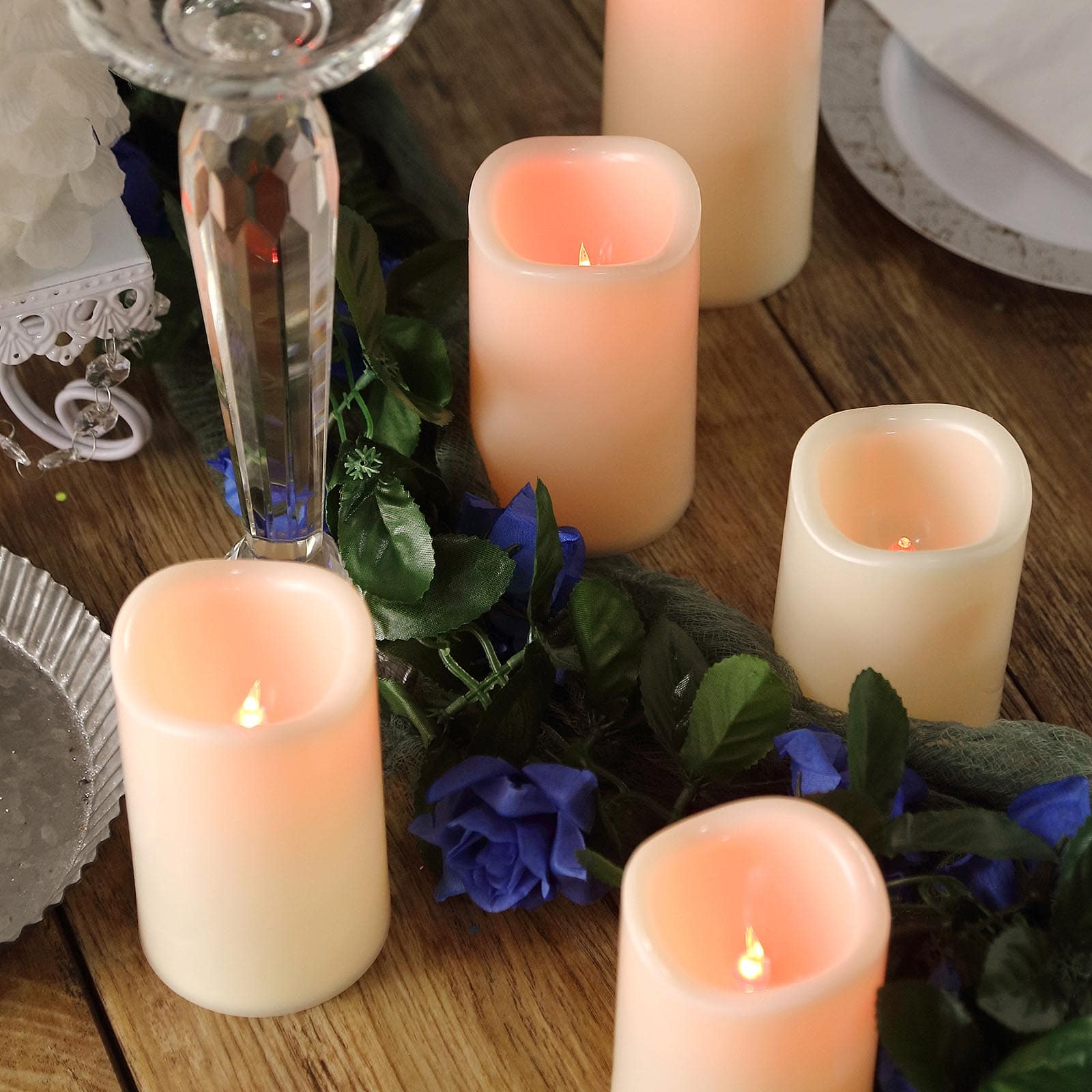 Set of 5 - Ivory Flickering Flameless LED Candles - Color Changing Battery Operated Pillar Candles With Remote - 6", 5", 4"