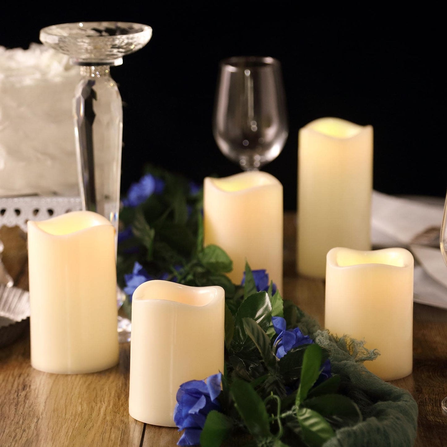 Set of 5 | Ivory LED Pillar Candles, Color Changing Battery Operated Flickering Flameless Candles With Remote - 4", 5", 6"