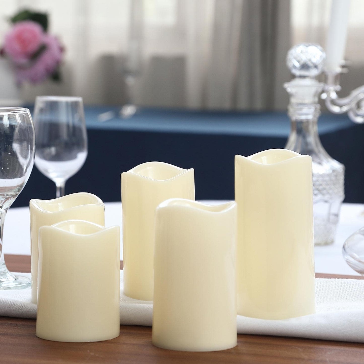 Set of 5 - Ivory Flickering Flameless LED Candles - Color Changing Battery Operated Pillar Candles With Remote - 6", 5", 4"
