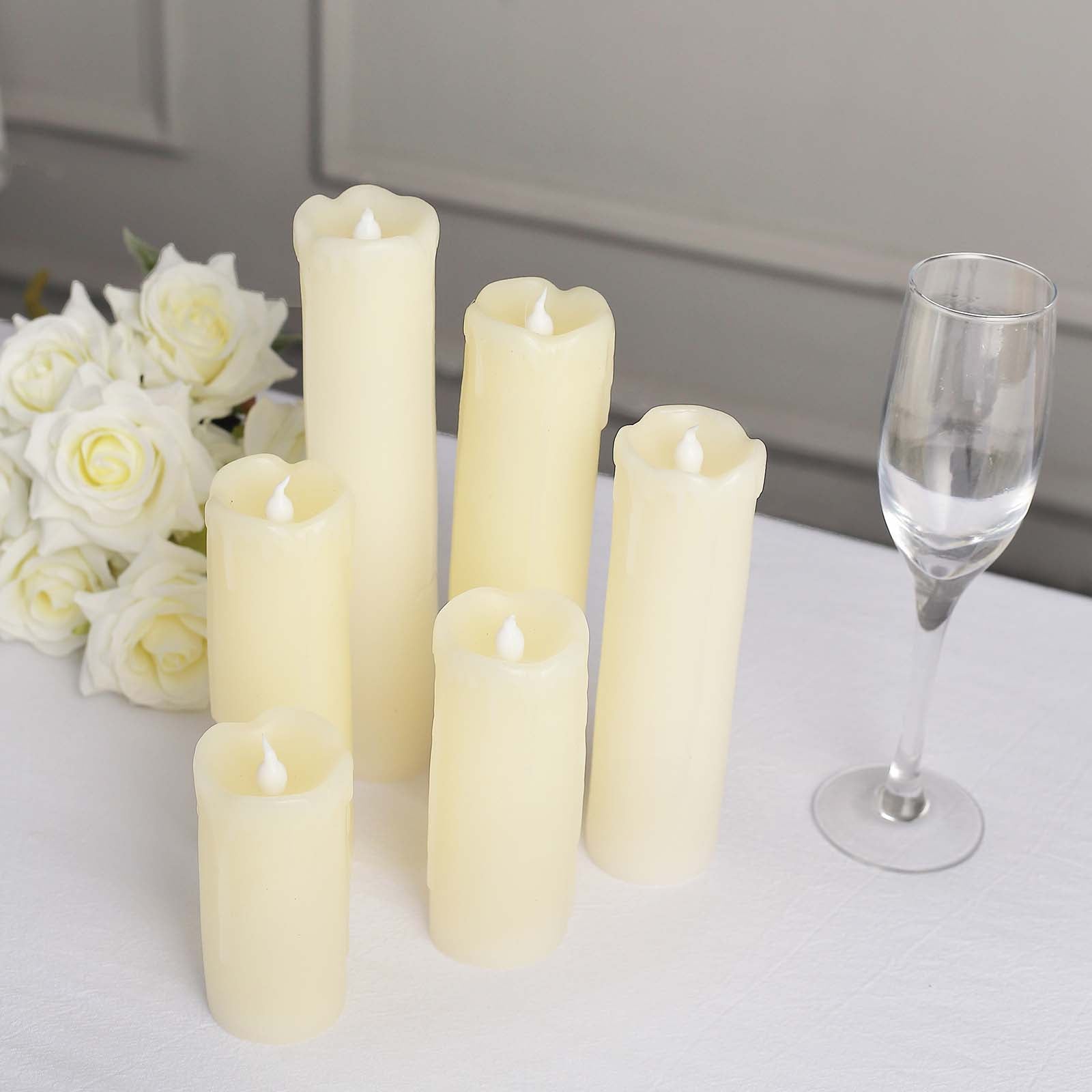 Set Of 6 Warm White Flickering Led Battery Operated Drip Wax Pillar Candles 