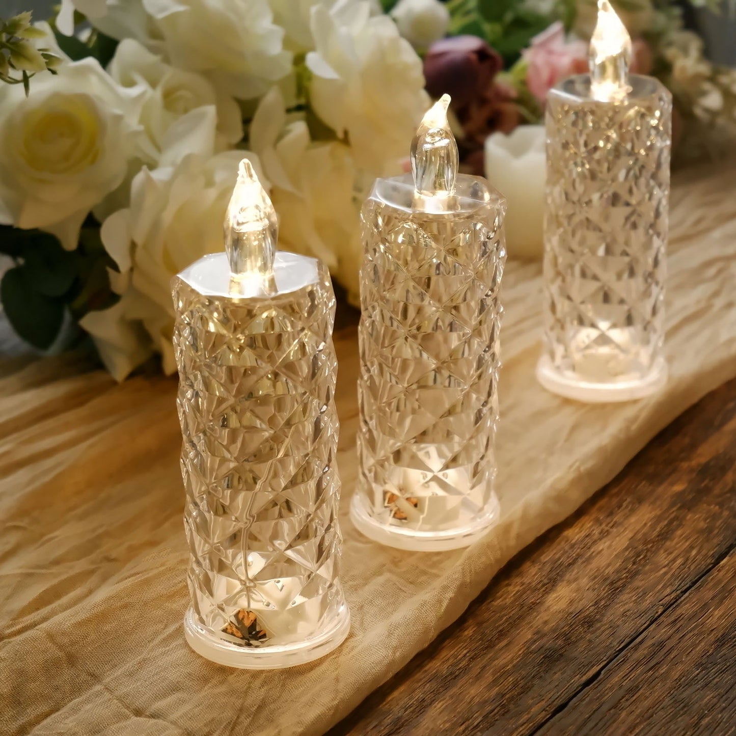 3 Pack | 6" Warm White LED Pillar Candle Lamps, Flameless Battery Operated Candle Lights Rose Halo Acrylic Diamond Pattern