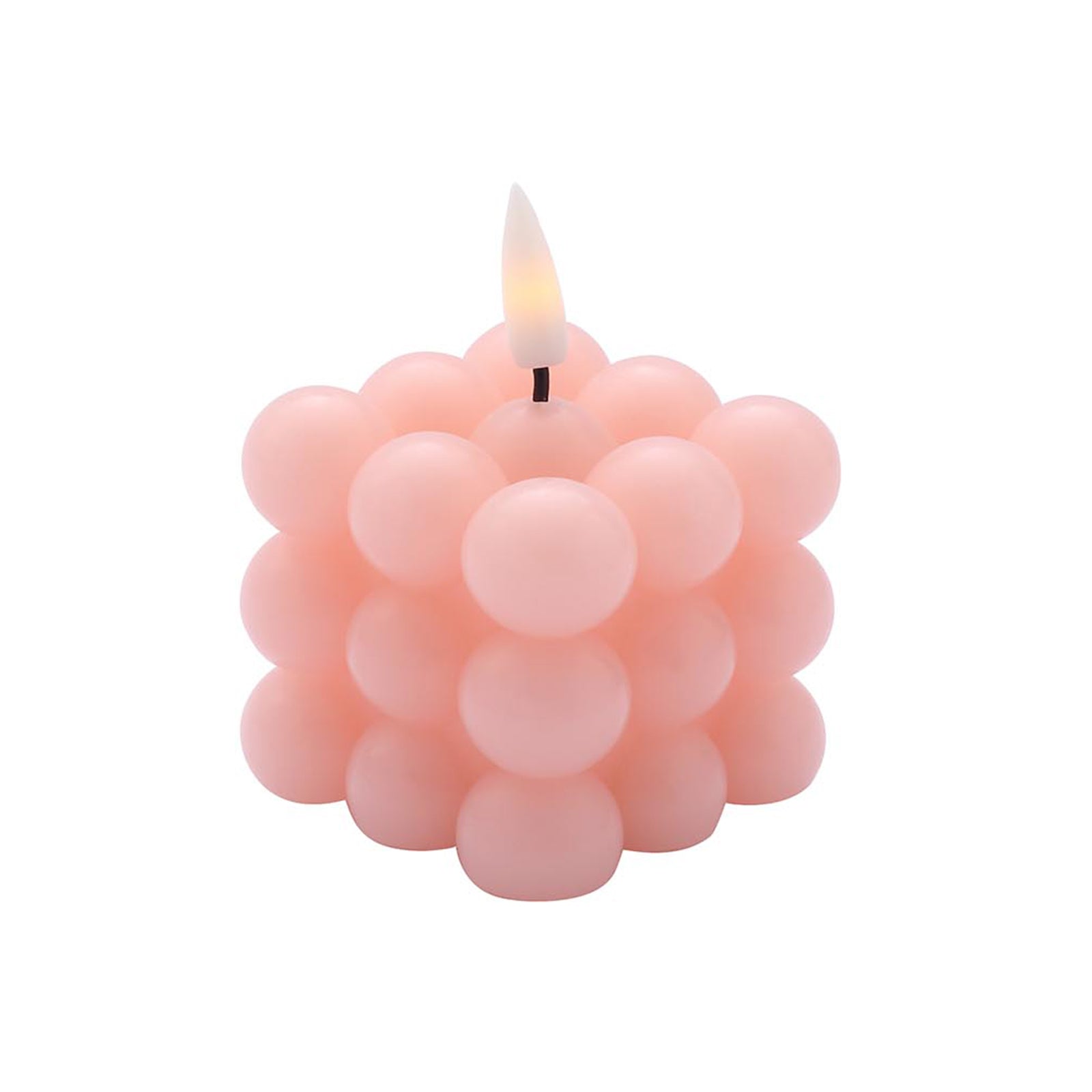 Blush LED bubble candle, flameless and flickering, warm white light.