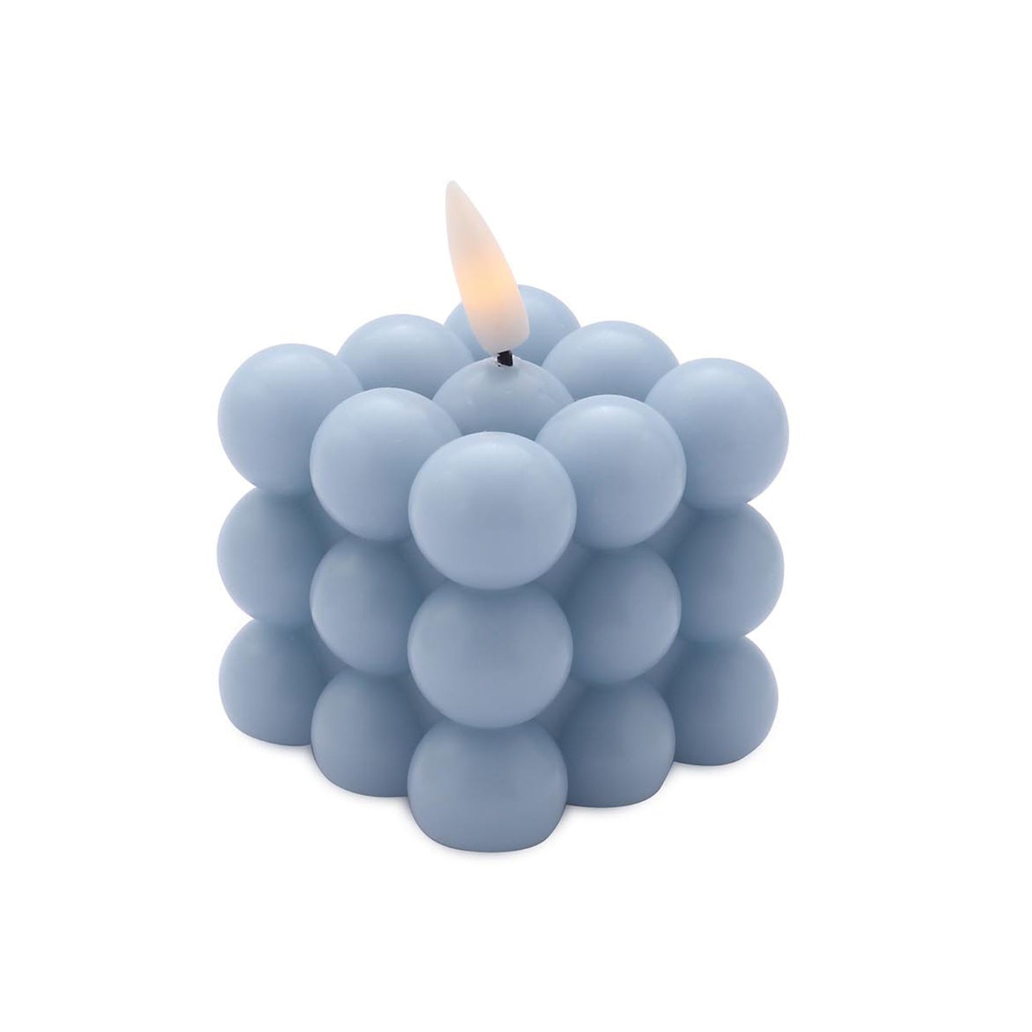 Dusty blue LED bubble candle with warm white flickering light.