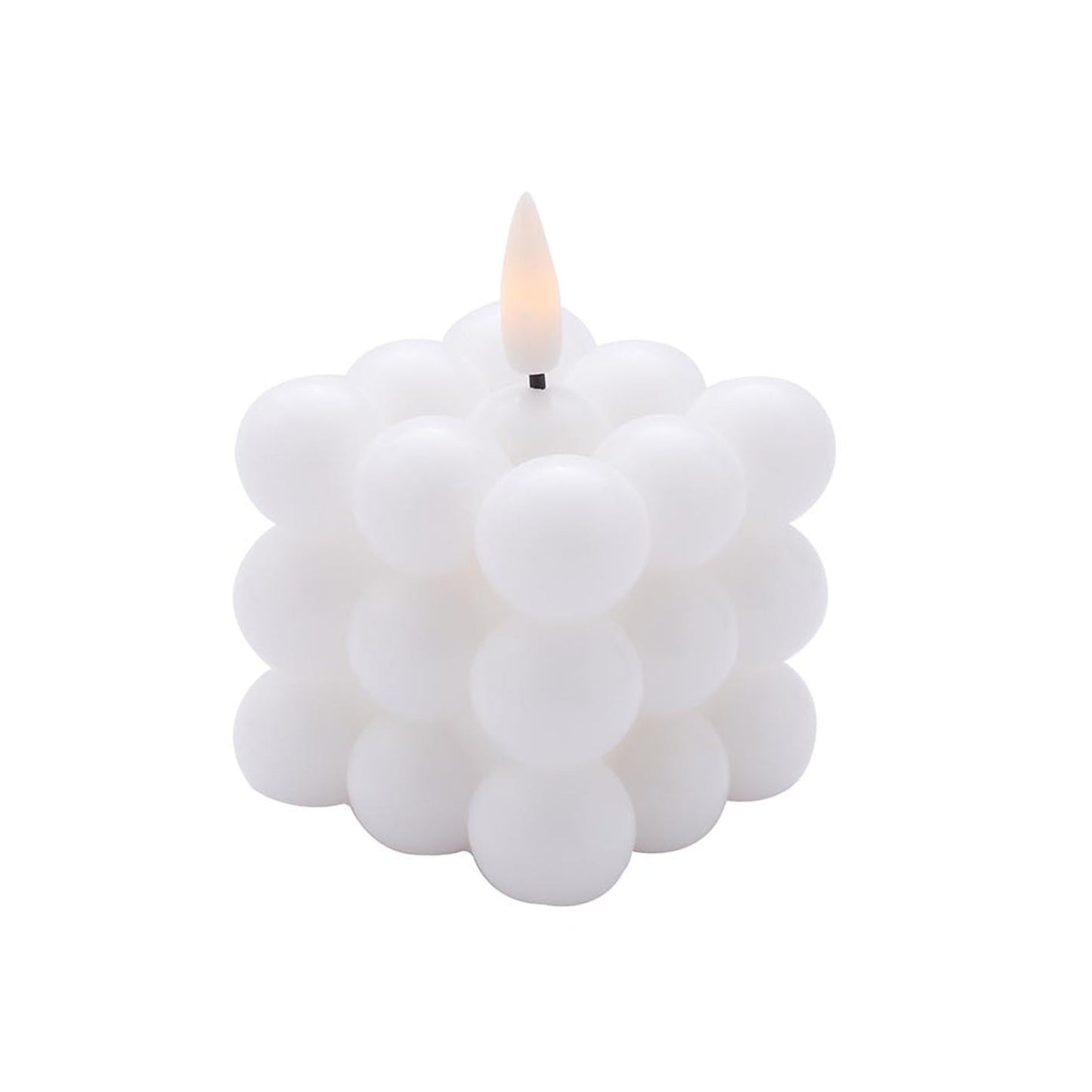 White LED bubble candle, flameless and flickering, warm white glow.
