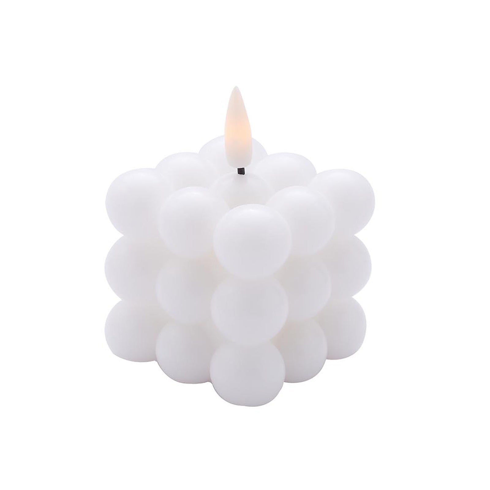White LED bubble candle, flameless and flickering, warm white glow.
