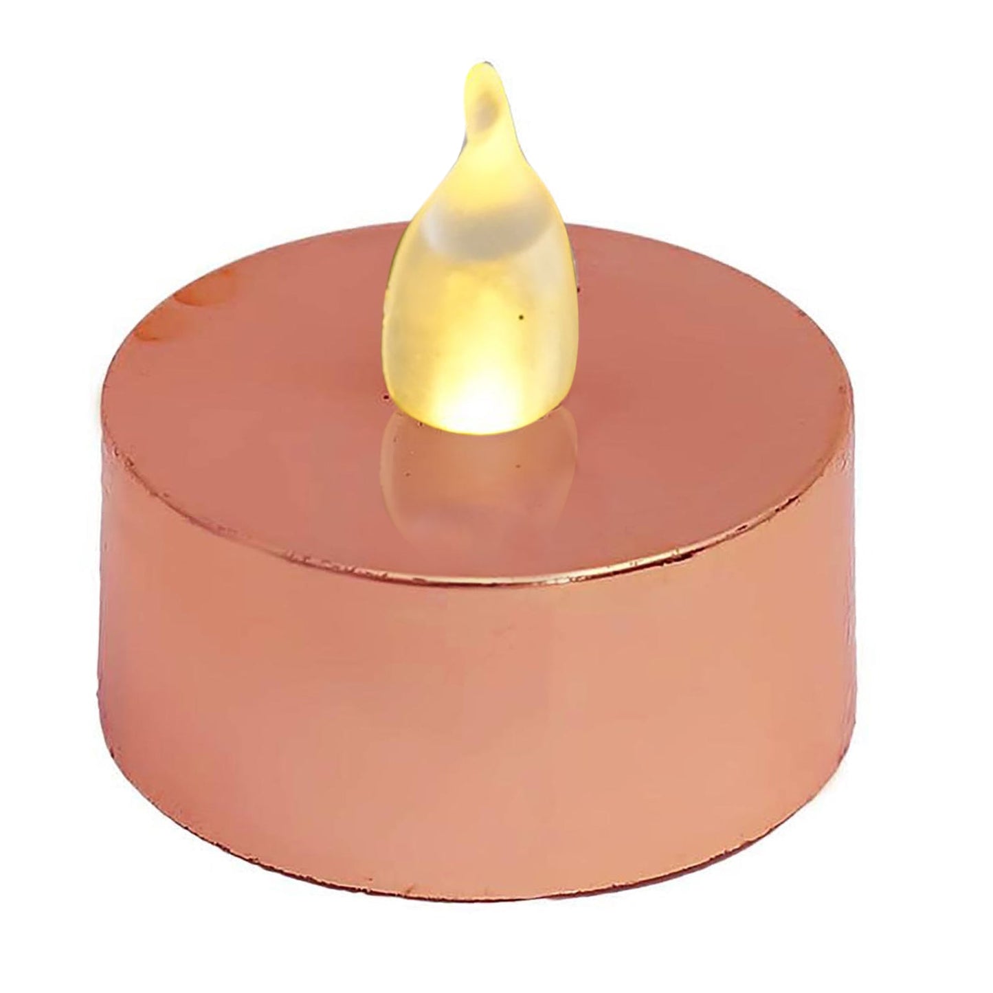 Metallic rose gold LED tealight candle, flameless and reusable.