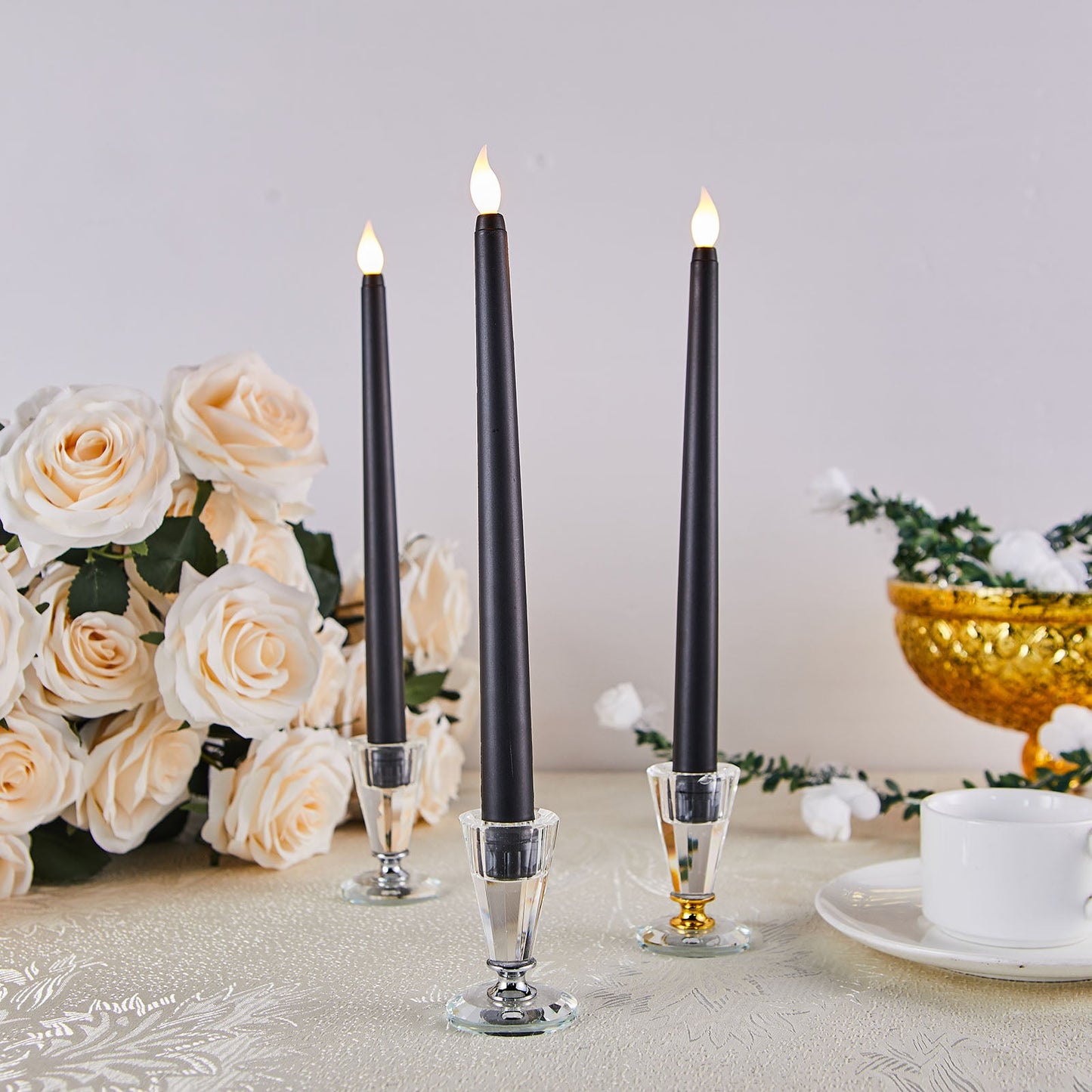 Black 11 Inch LED Taper Candles with Flickering Flameless Effect Set Of 3 