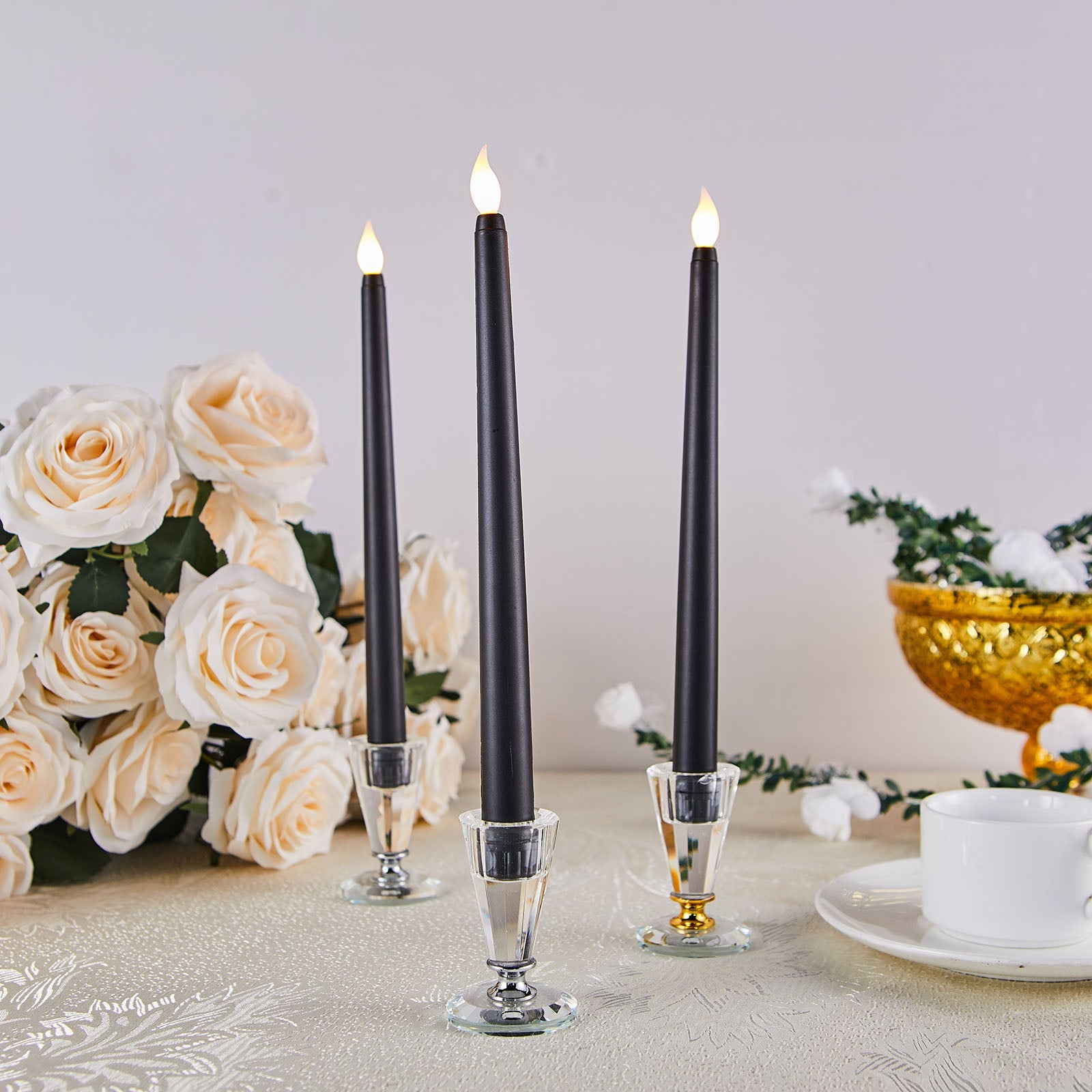 Black 11 Inch LED Taper Candles with Flickering Flameless Effect Set Of 3 