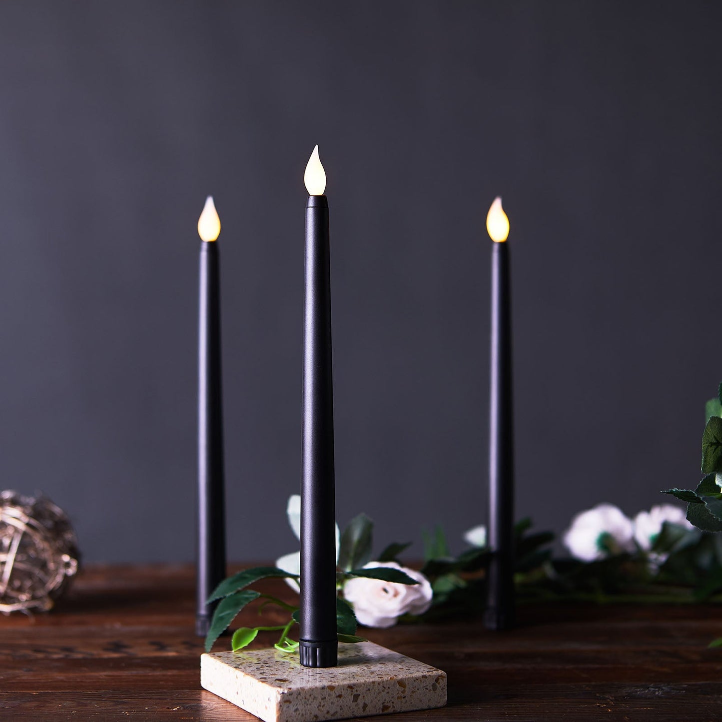 Set of 3 11" Black LED Taper Candles, Flameless Battery Operated Flickering Reusable Candles