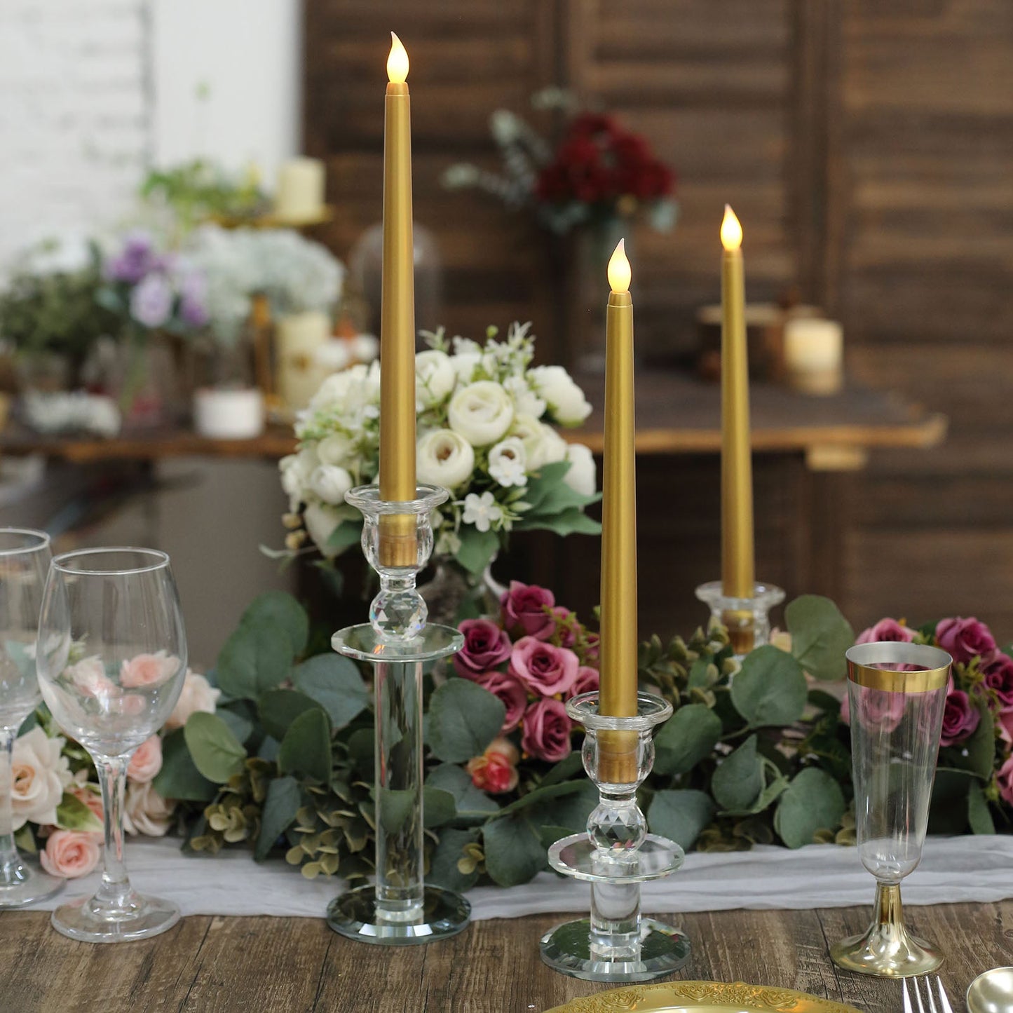 11 Inch Flameless Warm Flickering Taper Candles 3 Pack Gold LED