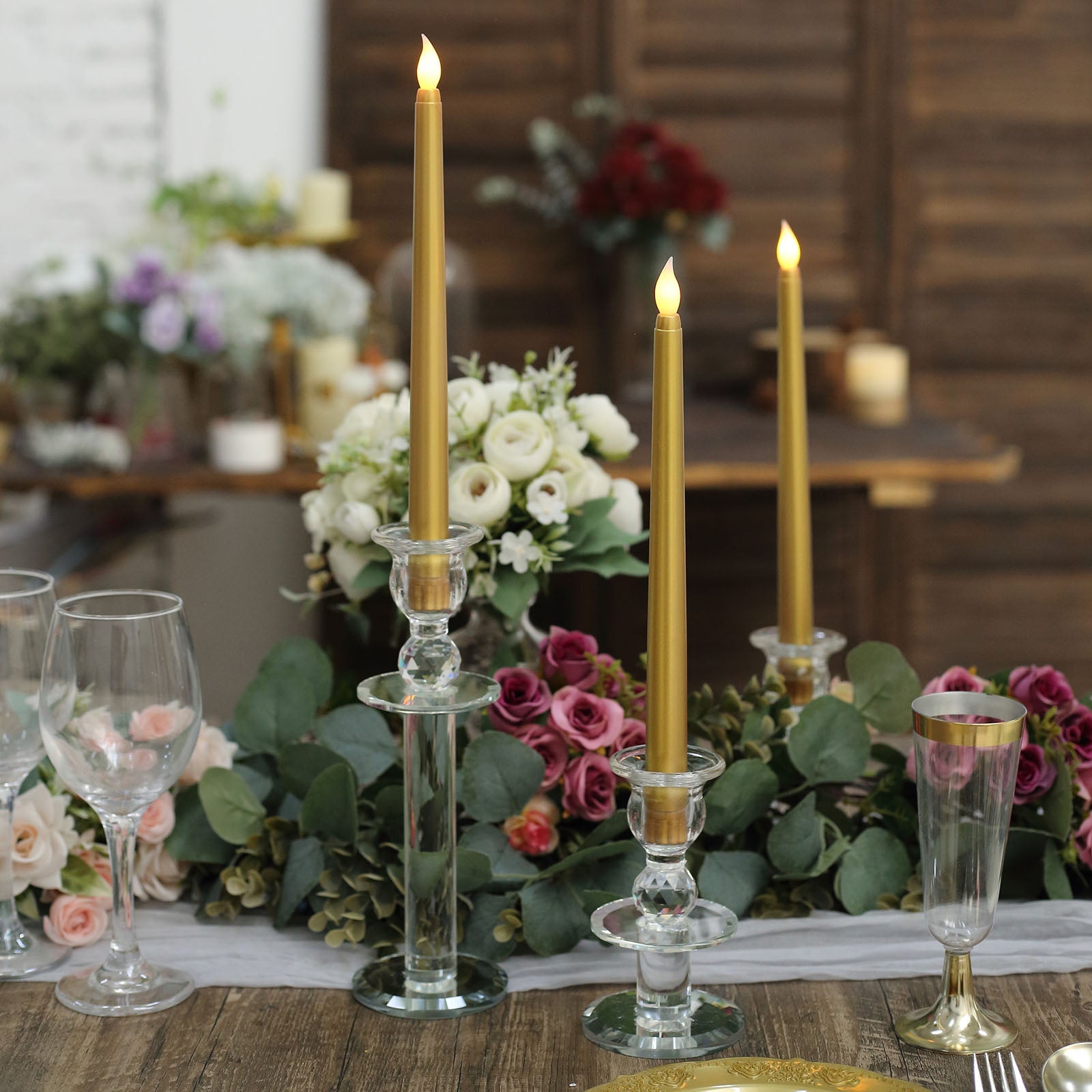 11 Inch Flameless Warm Flickering Taper Candles 3 Pack Gold LED