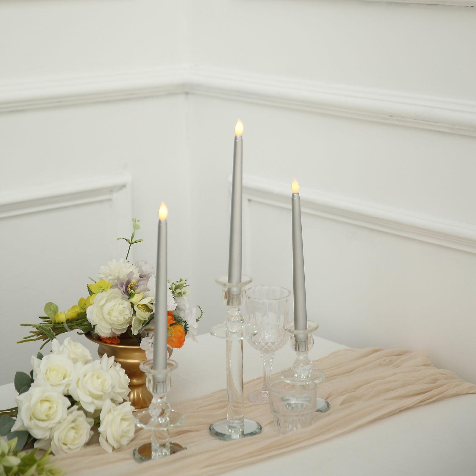 Led Taper Candle In Silver At 11 Inch Height And Battery Operated