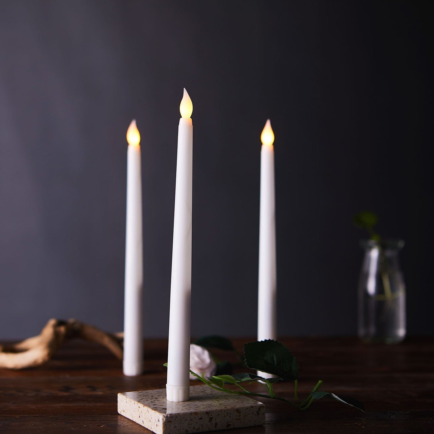 Set of 3 11" White LED Taper Candles, Flameless Battery Operated Flickering Reusable Candles