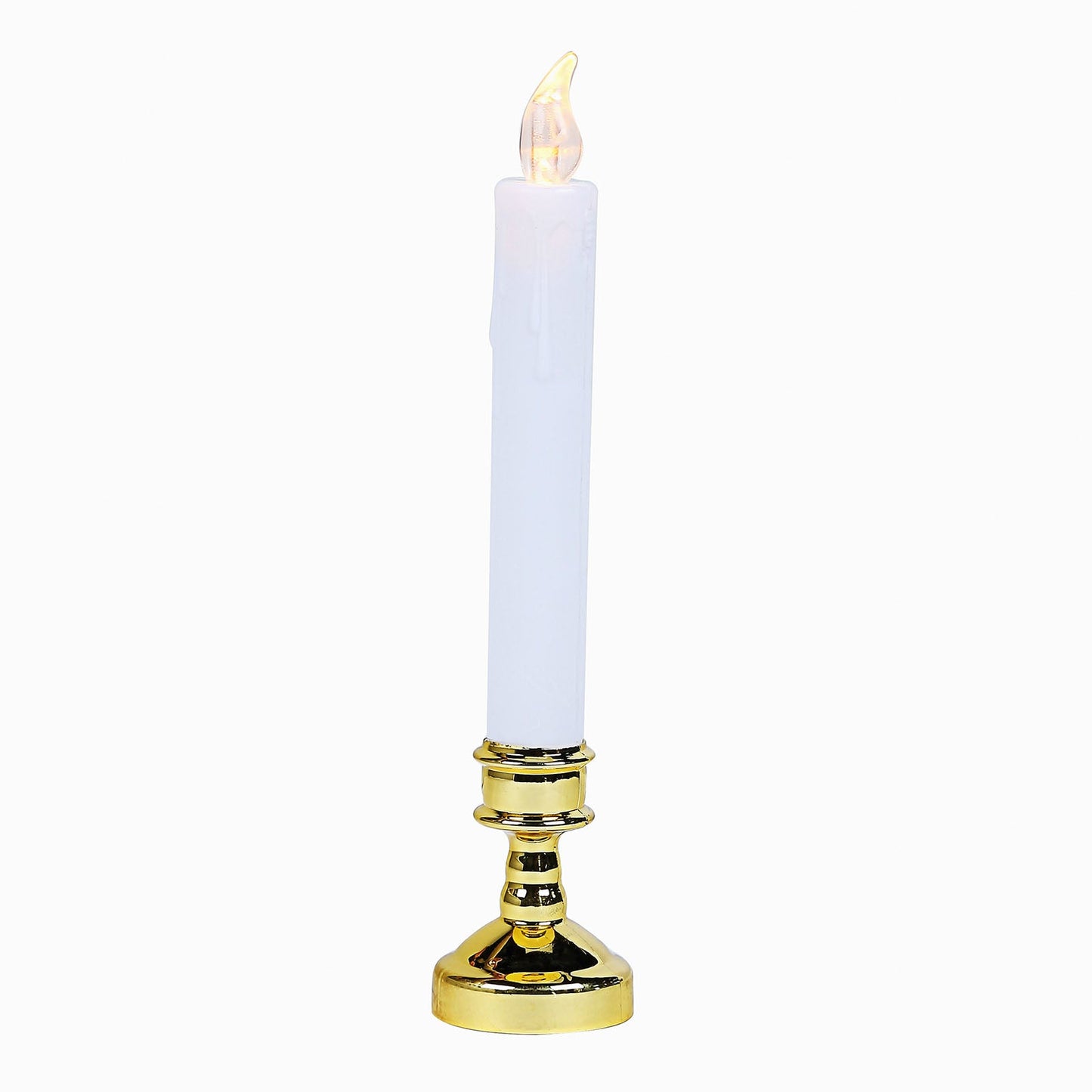 Set Of 6 Flickering Flameless LED White Taper Candles With Removable Gold Candle Holders 10 Inch#whtbkgd  