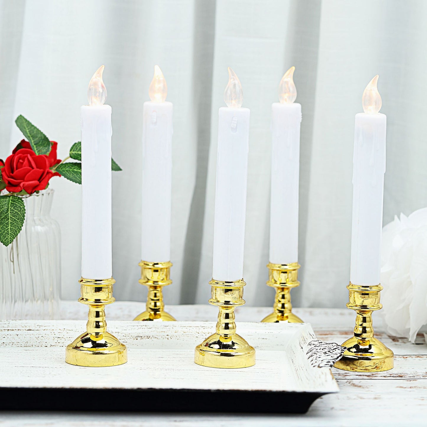 6 Set White Flickering Flameless LED 10 Inch Taper Candles With Removable Gold Candle Holders
