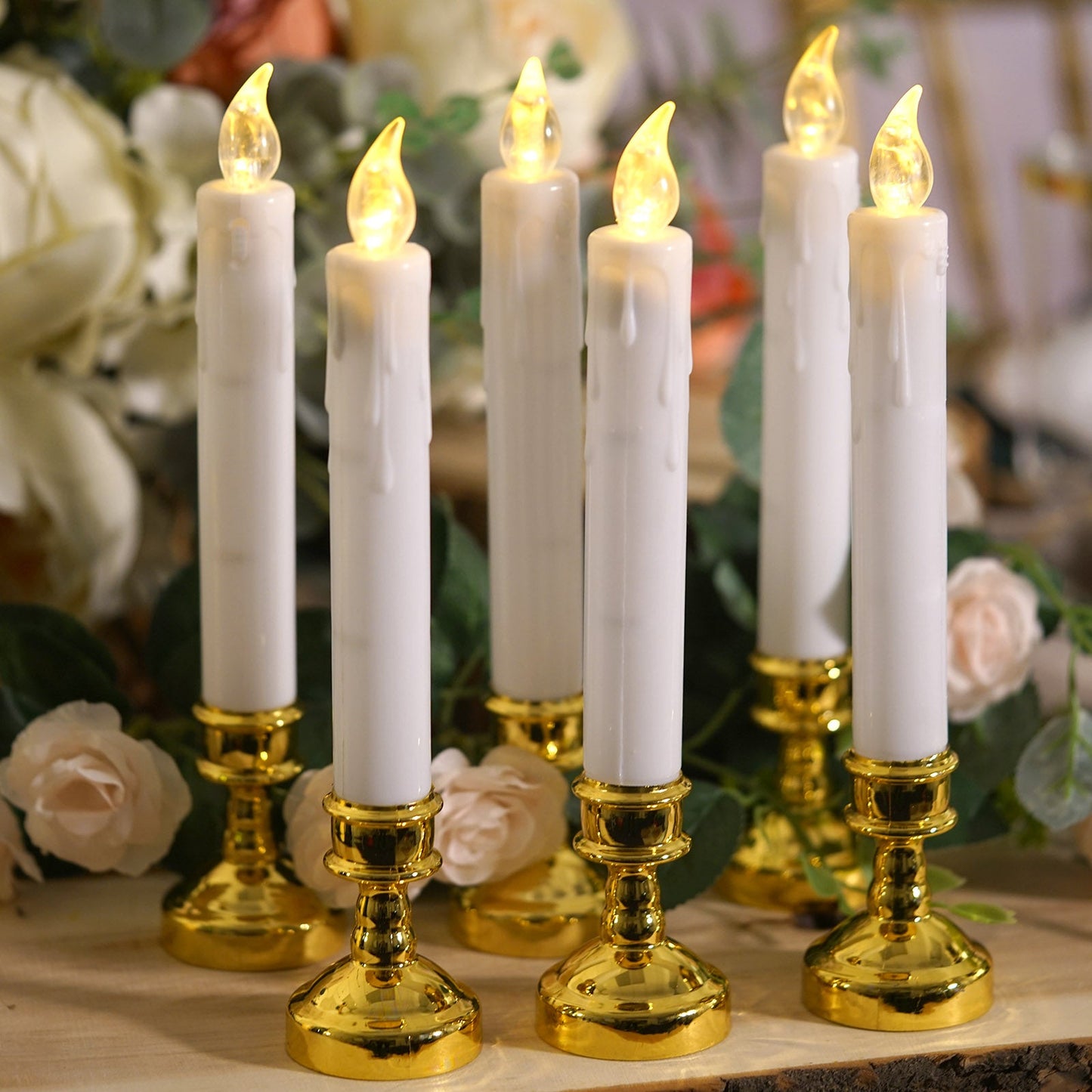 Set of 6 10" White LED Taper Candles, Flameless Battery Operated Flickering Window Candles with Removable Gold Candle Holders