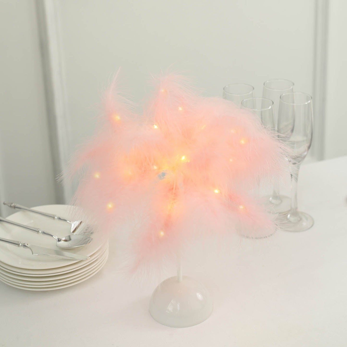 Pink LED blush feather table lamp wedding centerpiece.