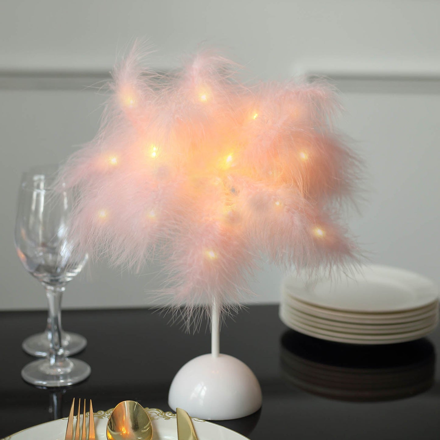 Pink LED blush feather table lamp centerpiece, battery operated.