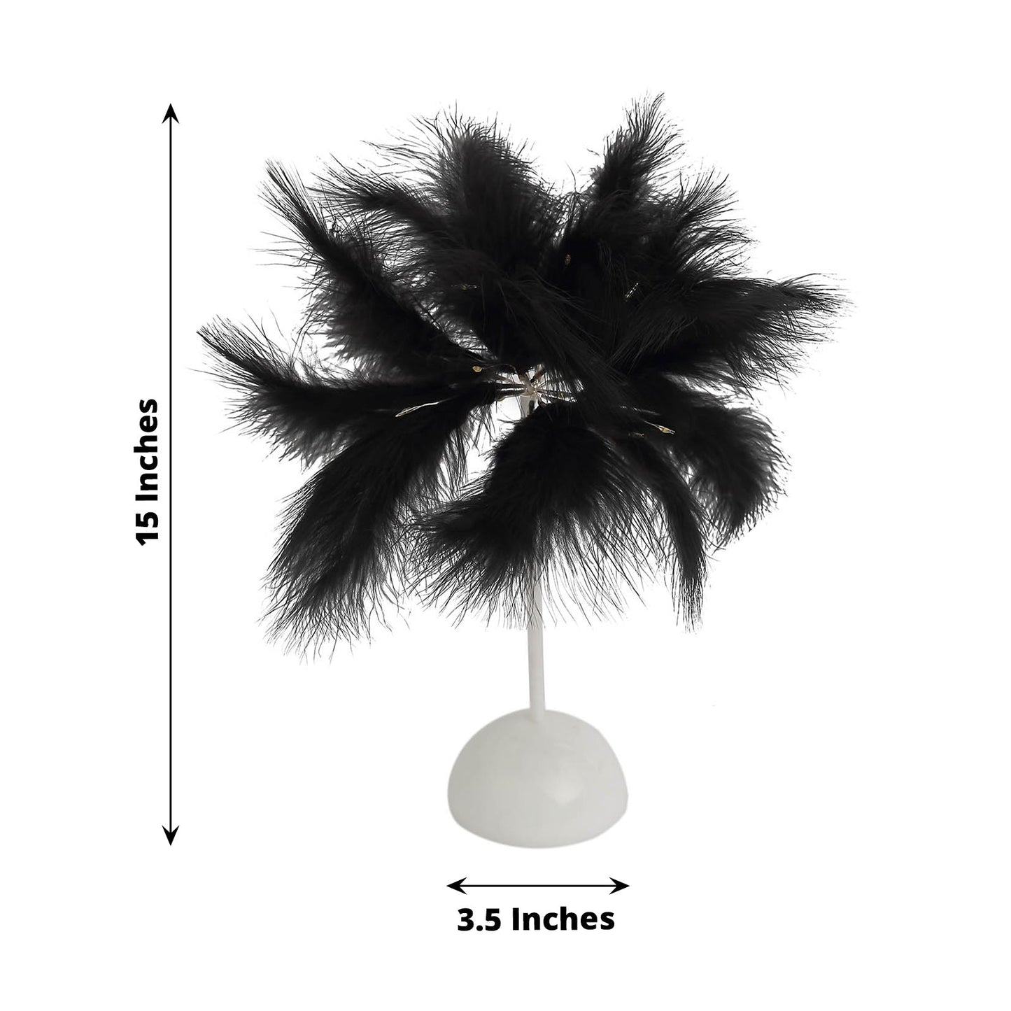Black feather table lamp centerpiece for weddings, 15 inches tall.