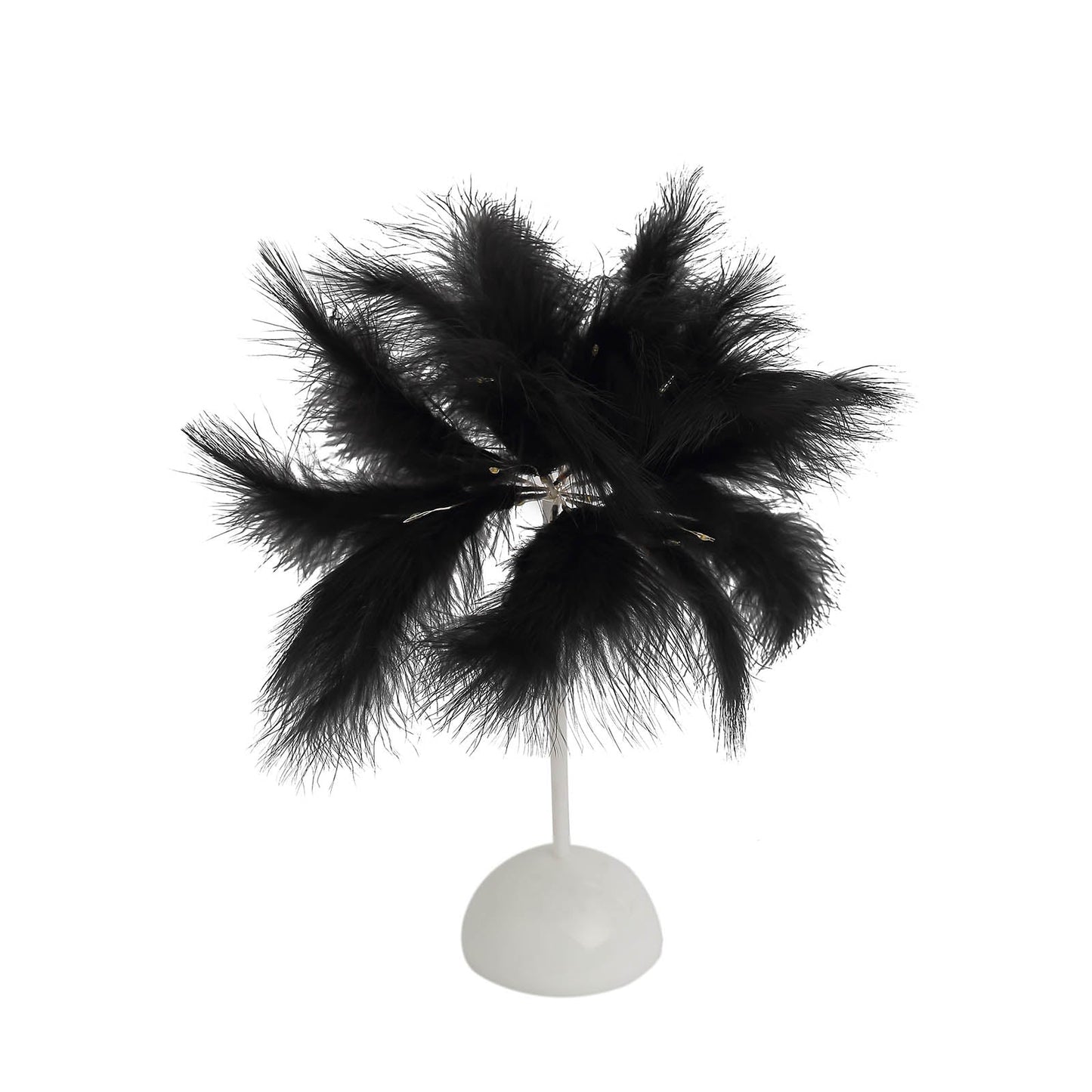 Black feather table lamp centerpiece for weddings, battery operated and cordless.