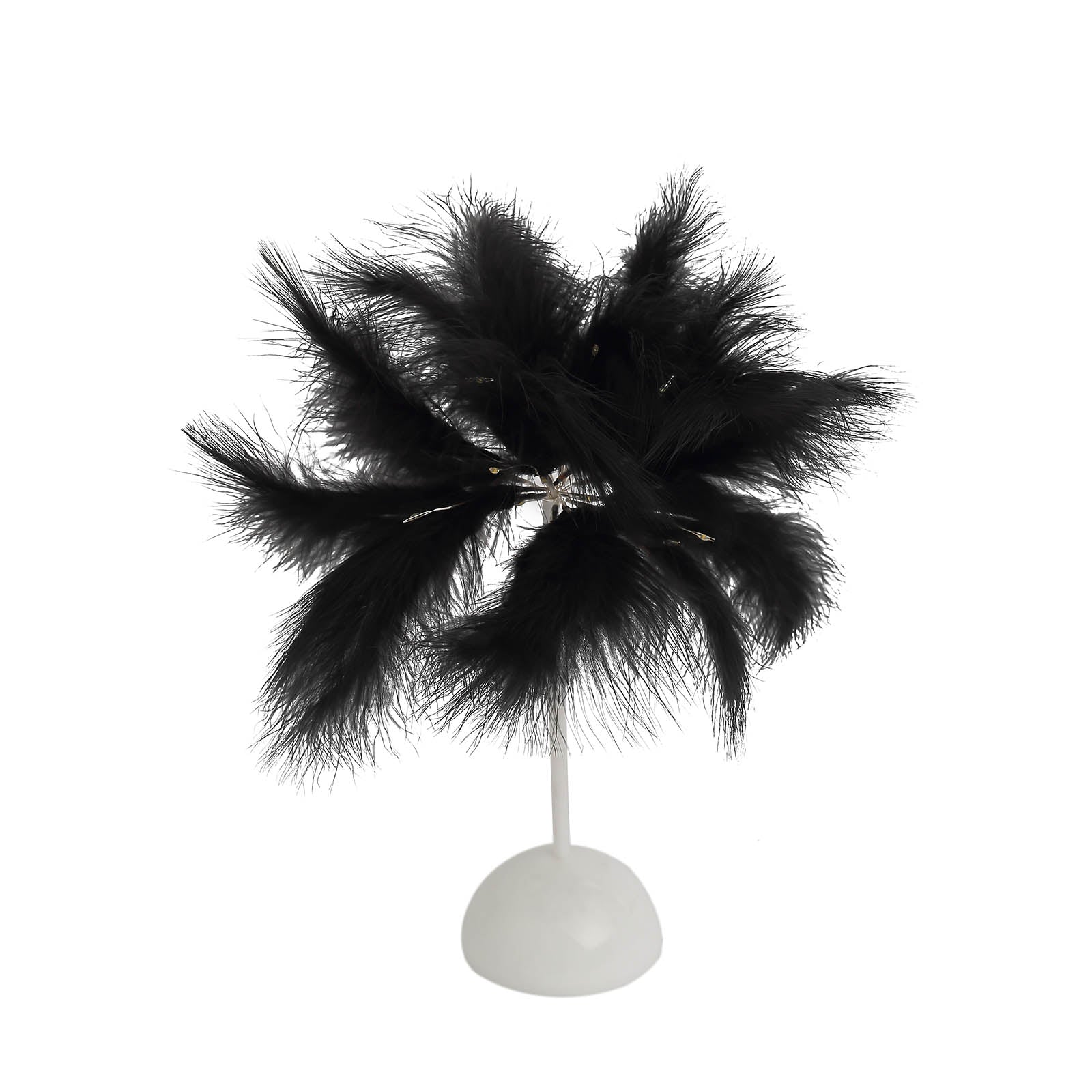Black feather table lamp centerpiece for weddings, battery operated and cordless.