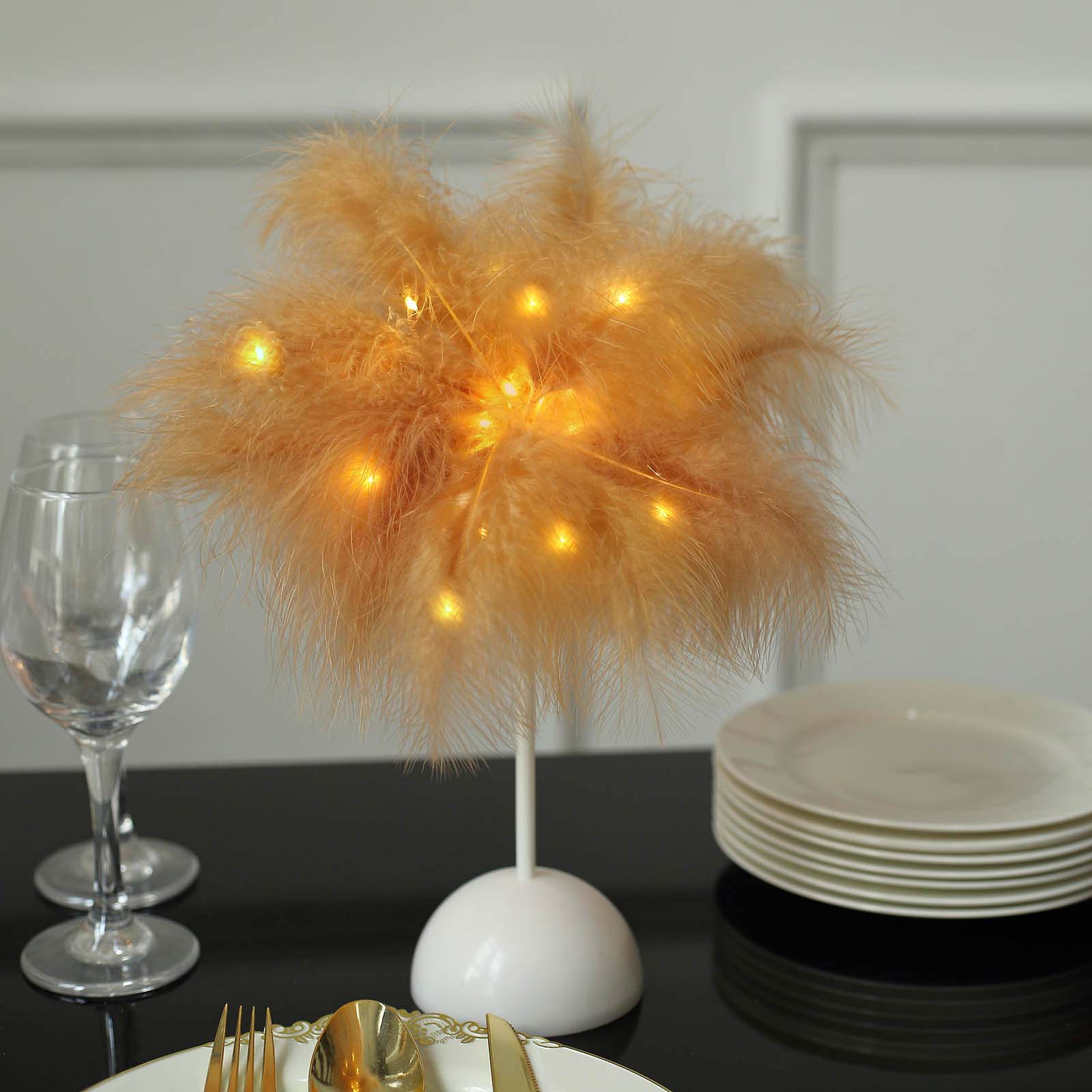 15" LED Natural Feather Table Lamp in warm ivory for wedding centerpiece.