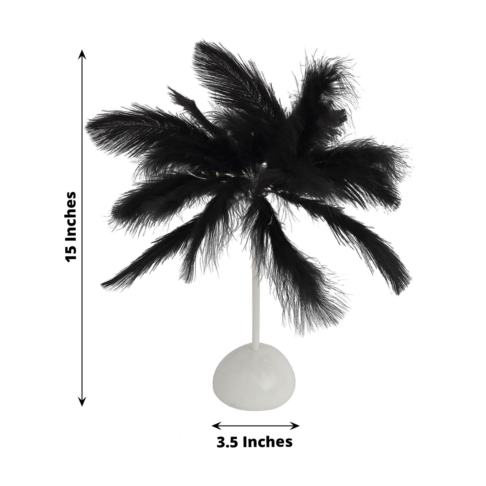 Black ostrich feather table lamp centerpiece for weddings, battery-operated.