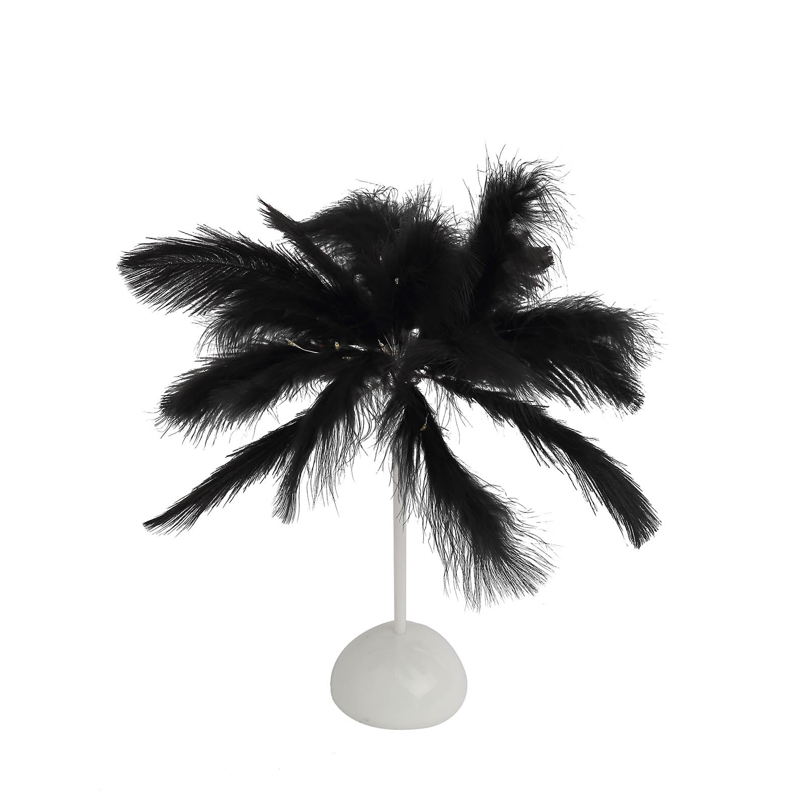Black ostrich feather table lamp centerpiece, cordless and battery-operated.