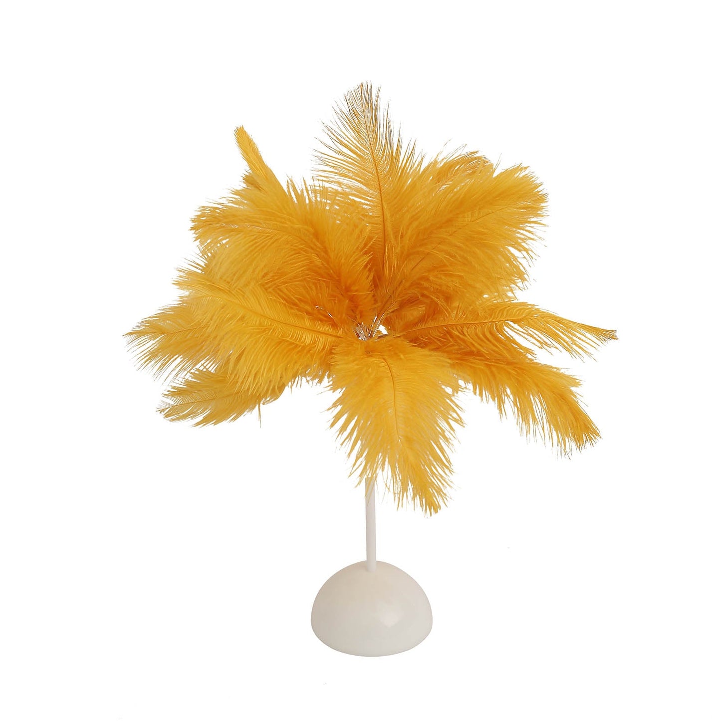 Yellow ostrich feather table lamp centerpiece for weddings, battery operated.