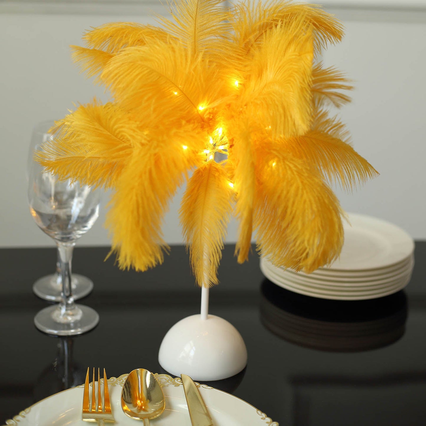Yellow LED ostrich feather table lamp wedding centerpiece.