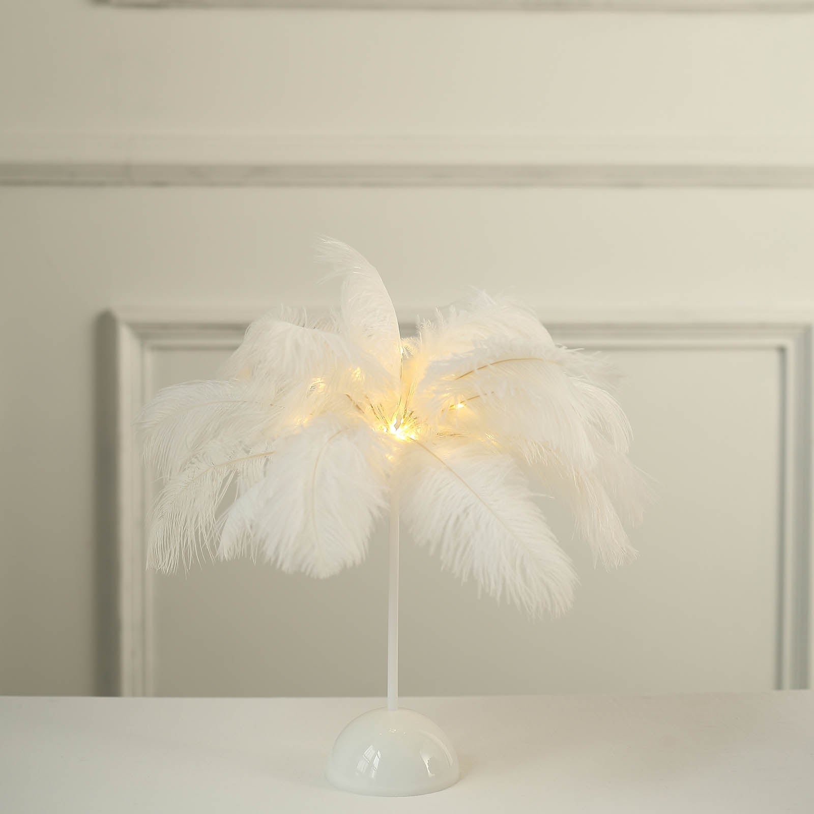 White LED ostrich feather table lamp wedding centerpiece.
