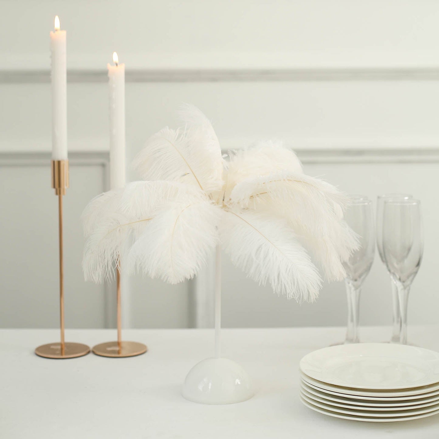 White LED ostrich feather table lamp wedding centerpiece.