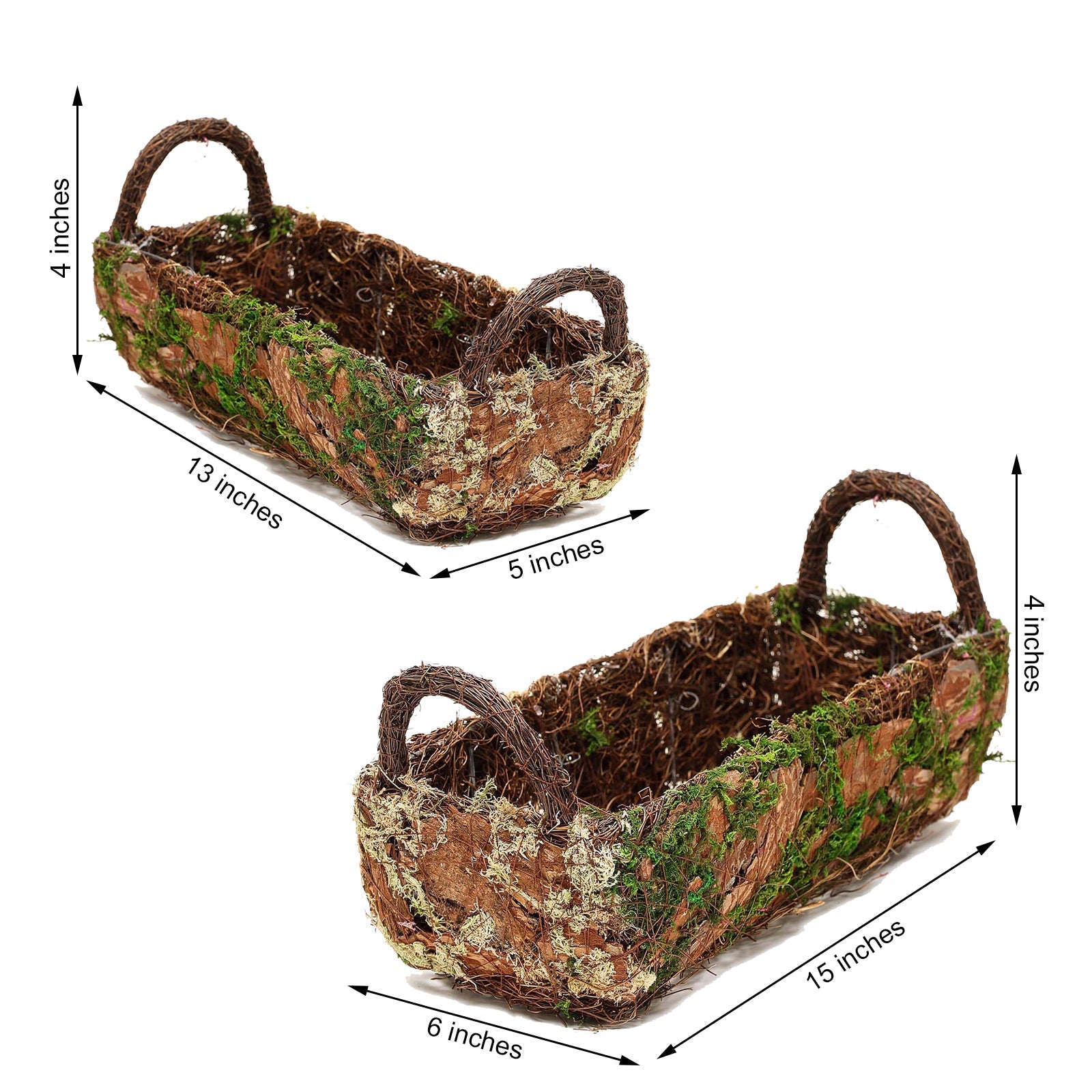 Rustic log-shaped moss planter boxes with handles, 13" and 15" sizes.