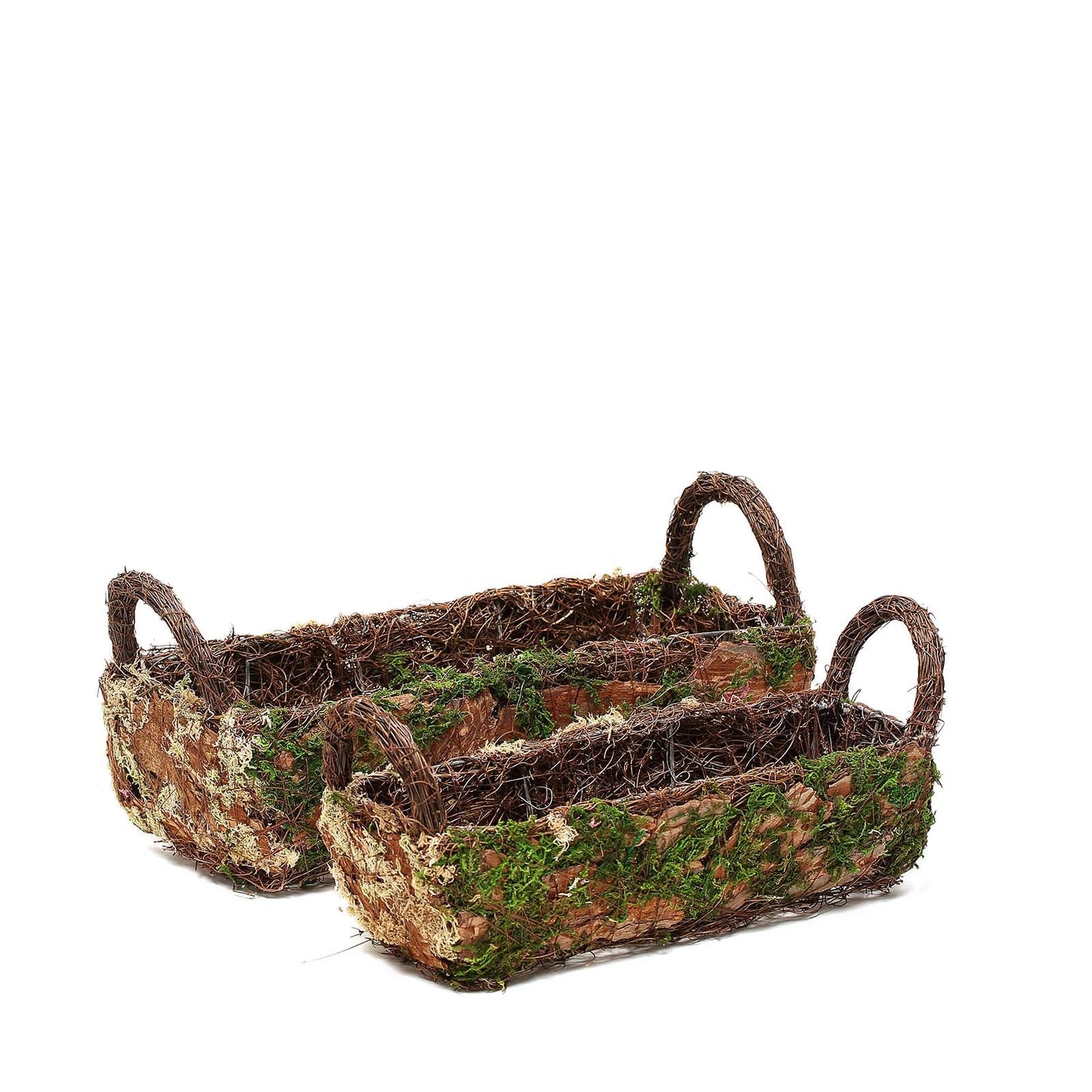 Rustic log-shaped moss planter boxes with handles, set of 2.