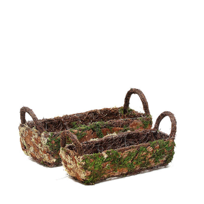 Rustic log-shaped moss planter boxes with handles, set of 2.