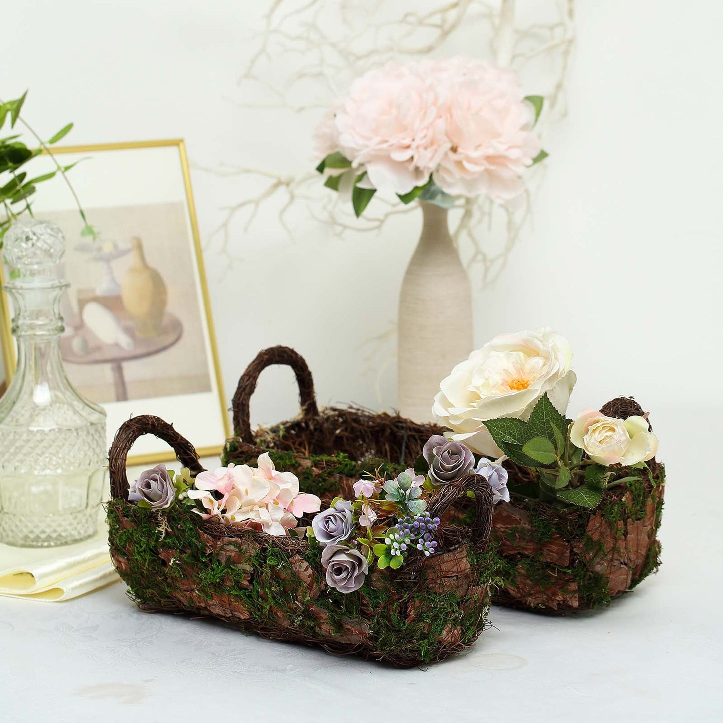 Rustic log-shaped moss planter boxes with flowers, 13" and 15".