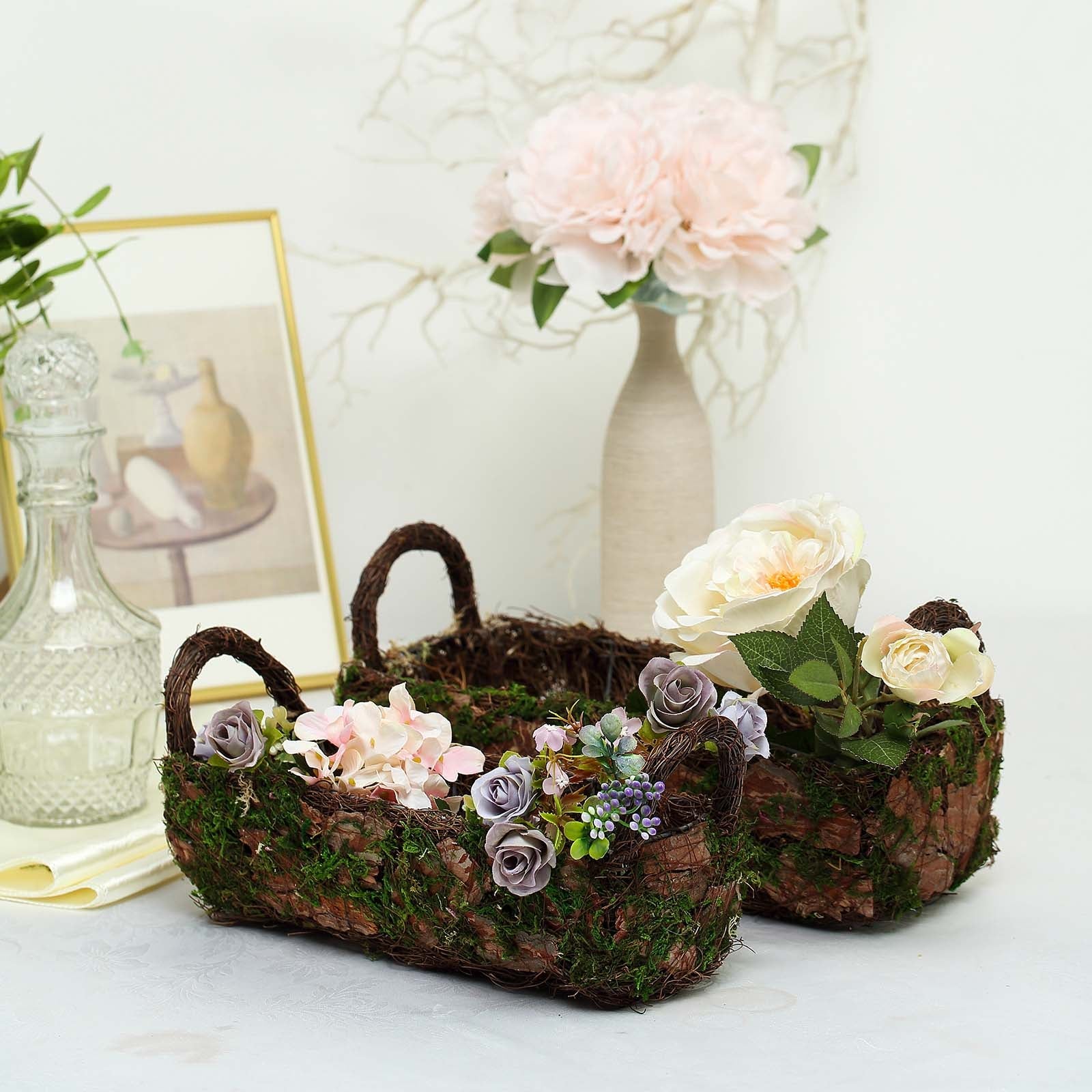 Rustic log-shaped moss planter boxes with flowers, 13" and 15".