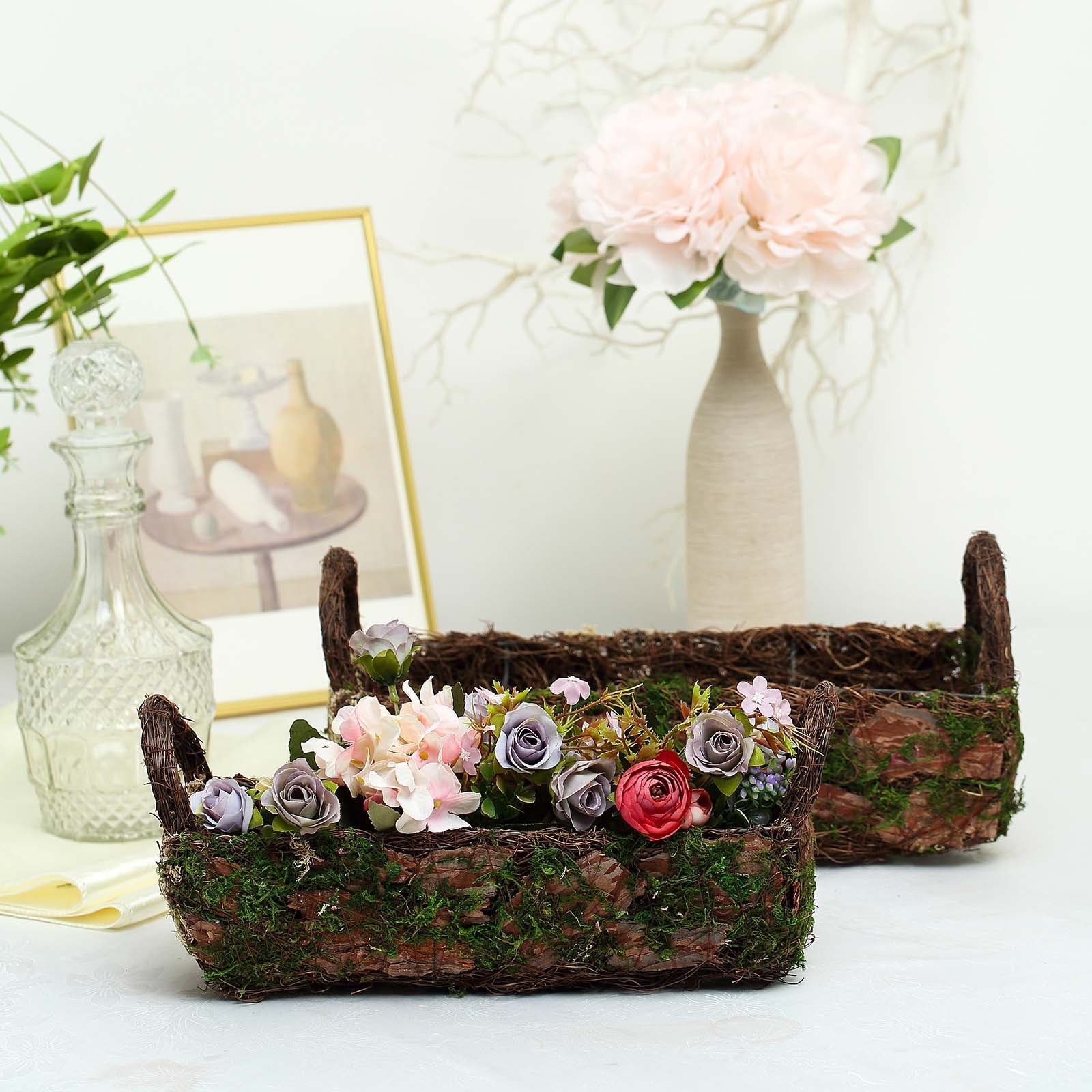 Rustic log-shaped moss planter boxes with flowers, 13" and 15" sizes.