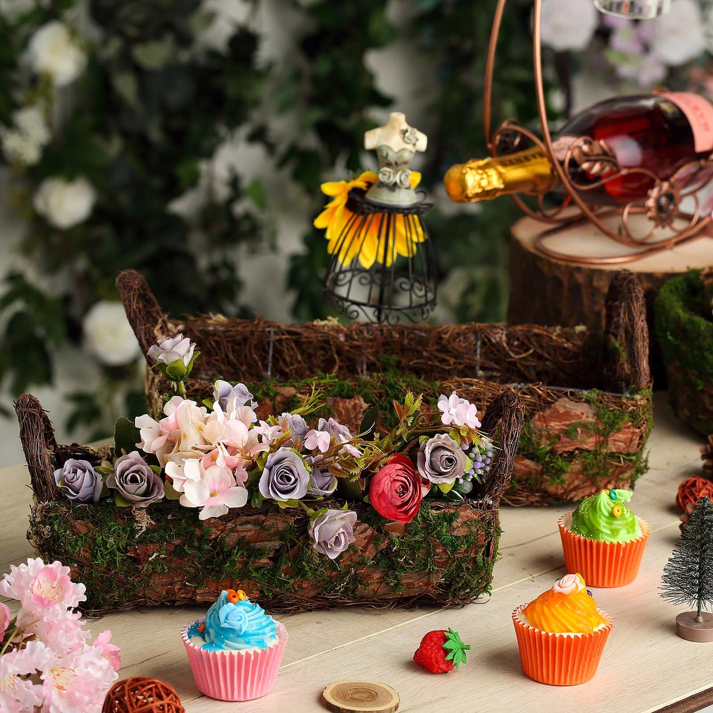Rustic log-shaped moss planter boxes with flowers and handles, 13" and 15".