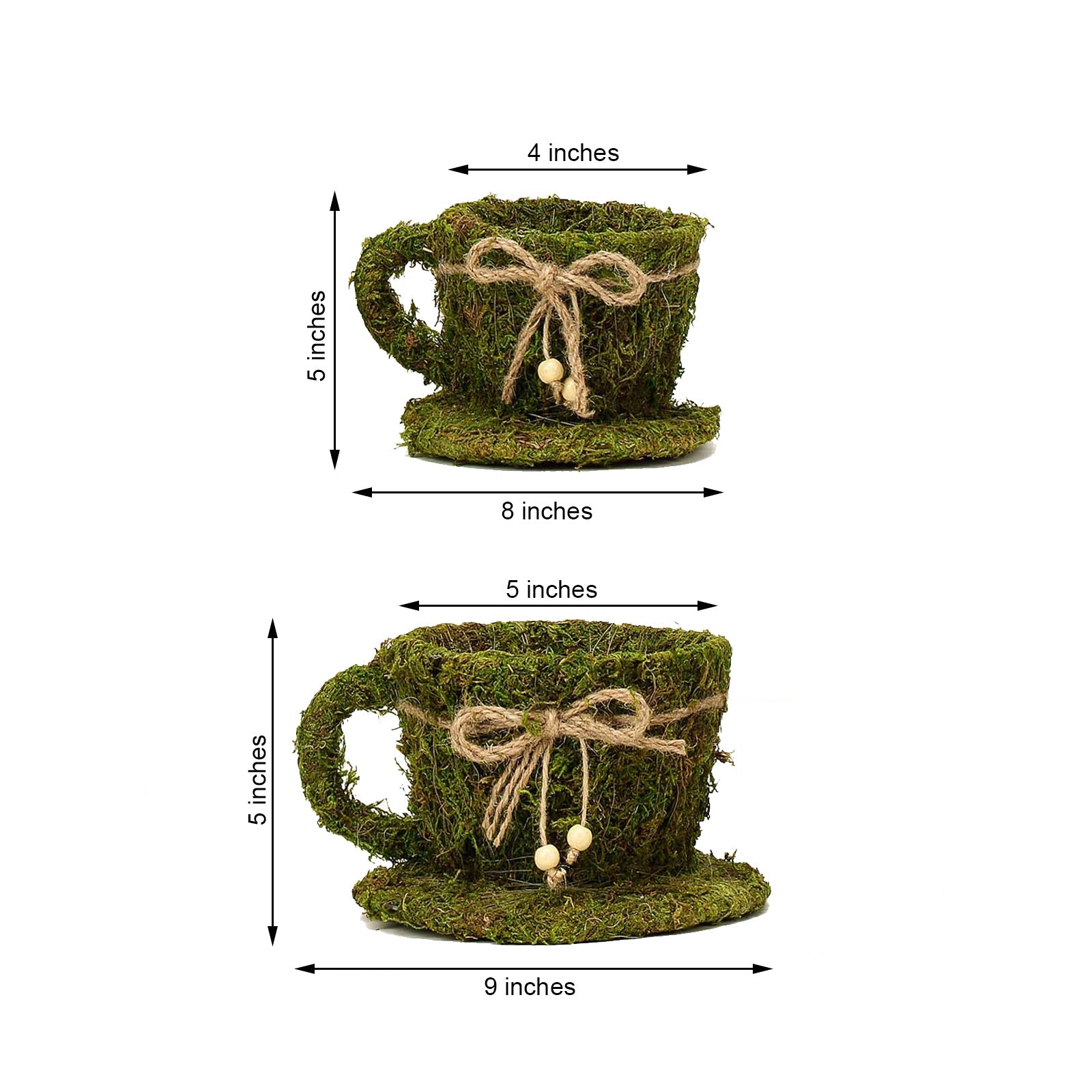 Set of 2 green moss teacup planter boxes with twine, 5" and 4" sizes.