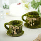 Set of 2 green moss teacup planter boxes with twine, 5" and 4" sizes.