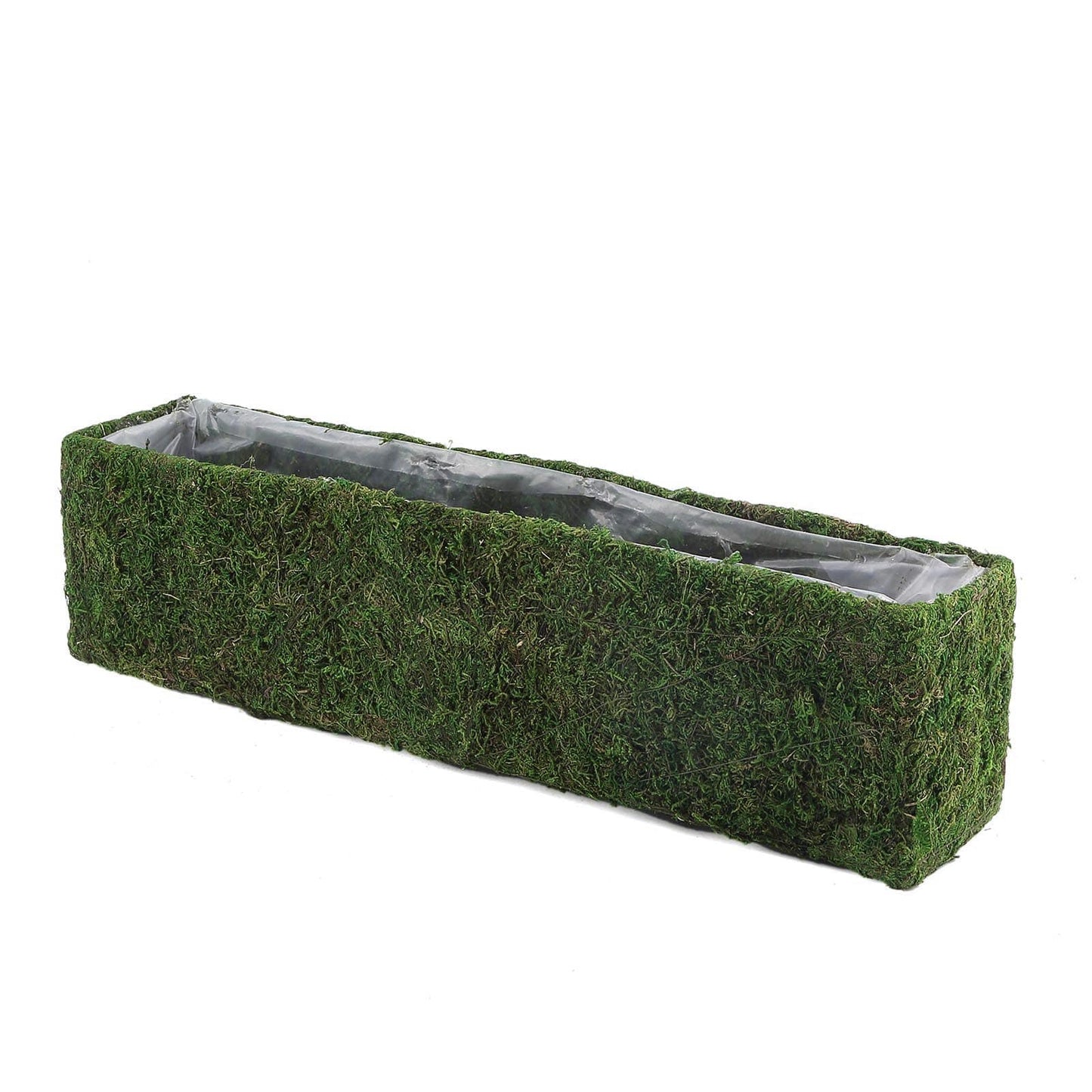 23" green rectangle preserved moss metal planter box with inner lining.