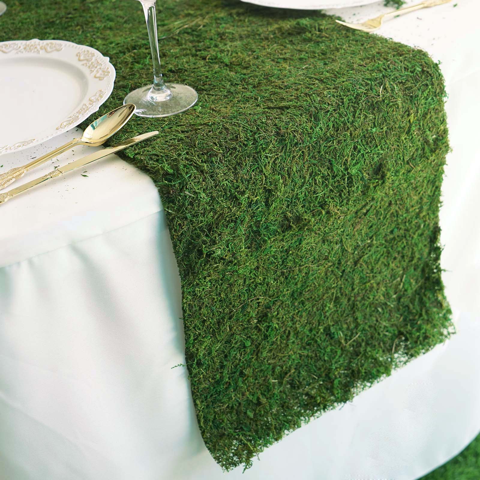 Green natural preserved moss table runner with fishnet grid.
