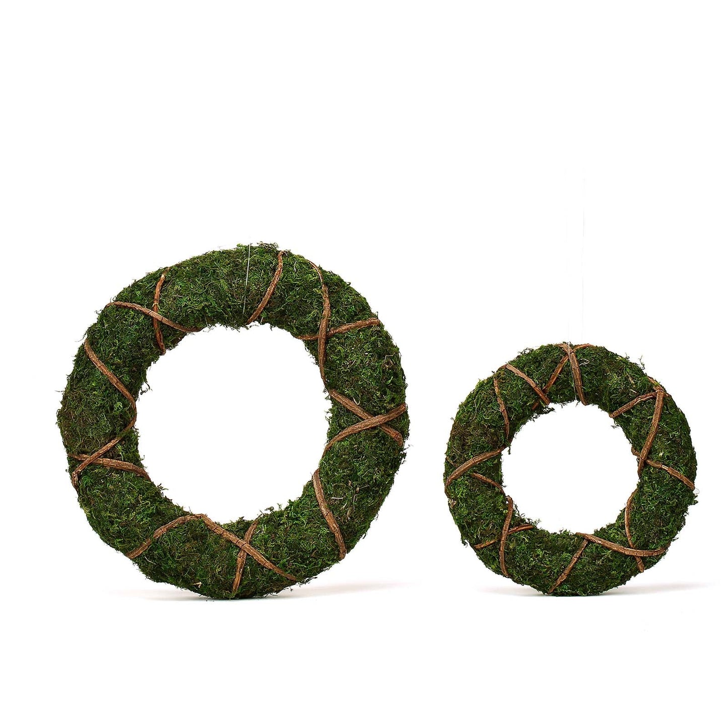 14" green preserved moss wreaths with twine wrap, set of 2.