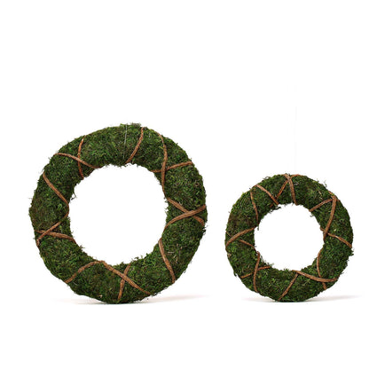14" green preserved moss wreaths with twine wrap, set of 2.