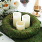 14" green preserved moss wreath with twine wrap and candles.